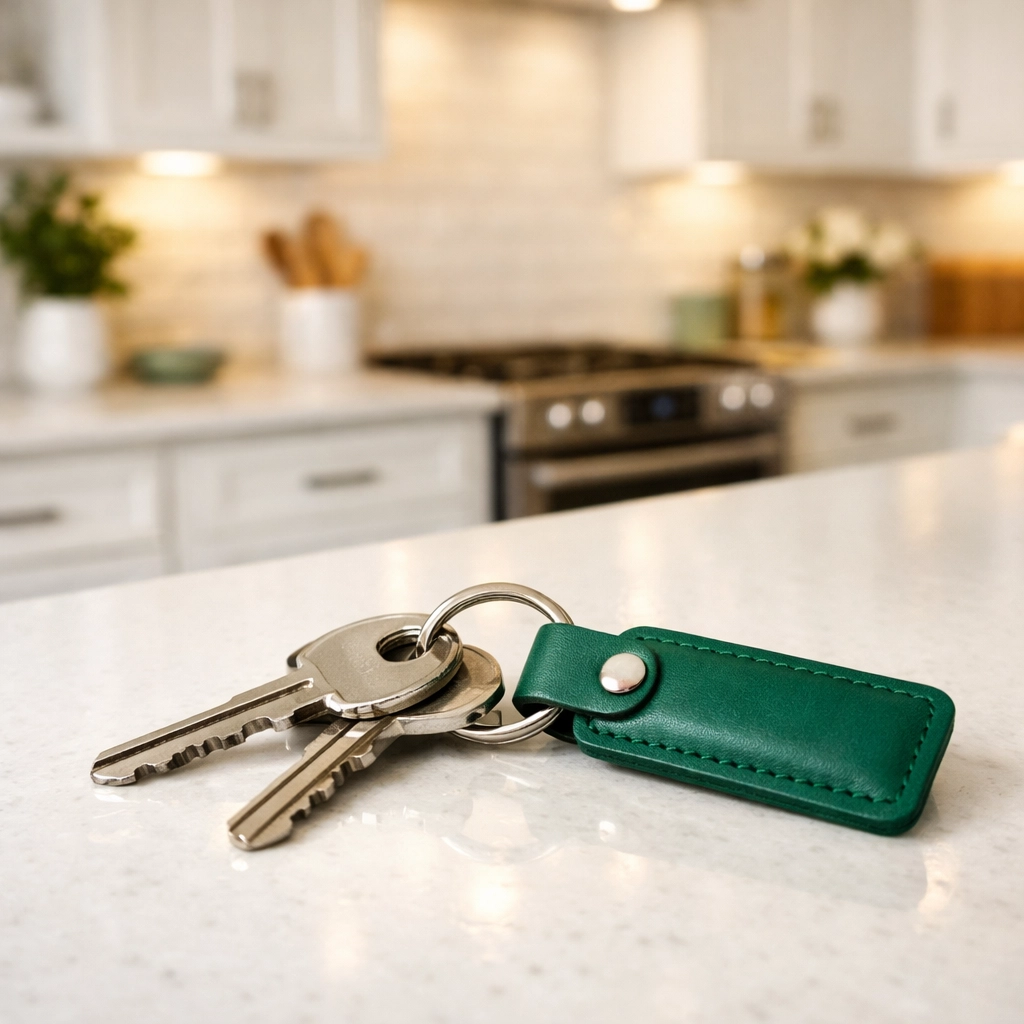 House keys on a renovated kitchen counter symbolizing a successful Philadelphia BRRRR real estate investment.