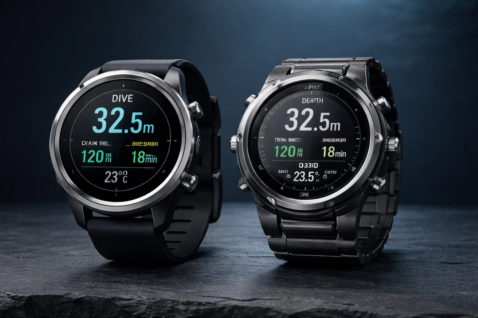 Vergleichsbild: Garmin Descent Mk3i und Shearwater Perdix 2 Tauchcomputer auf dunklem Untergrund nebeneinander