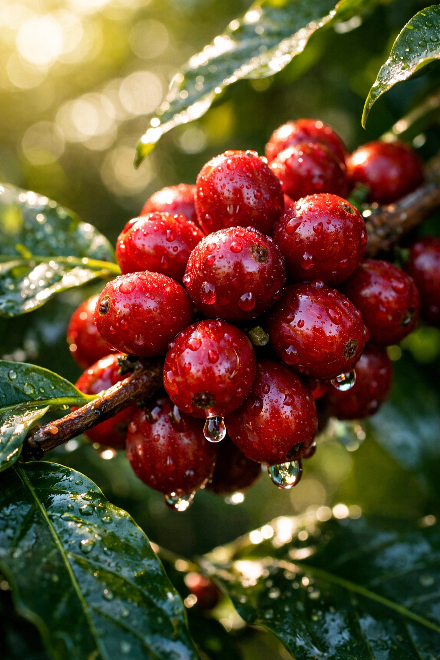 Ripe red coffee cherries on a branch, the fruit source of natural blueberry coffee notes.