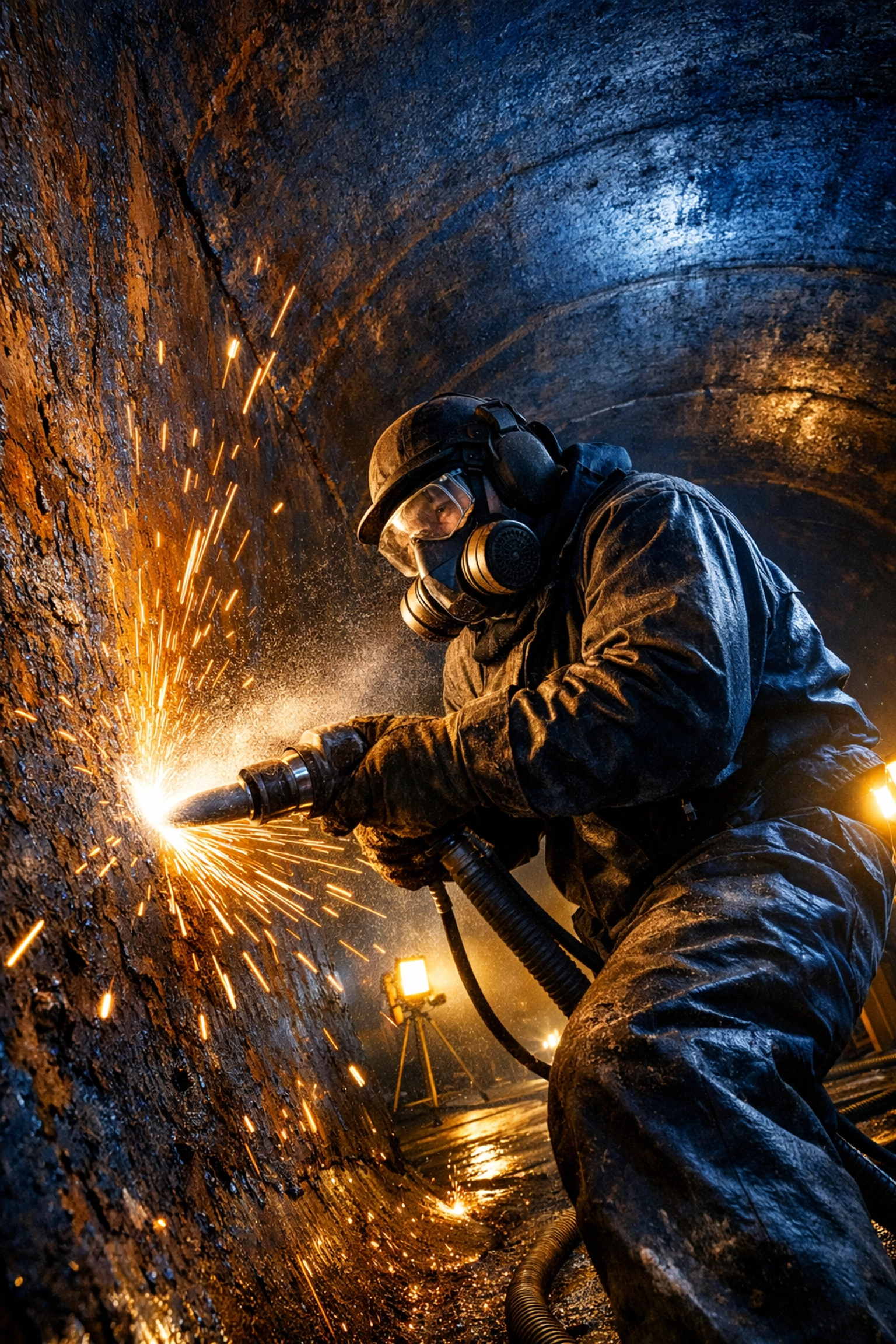 Skilled industrial blaster in protective gear performing tank maintenance work in confined space