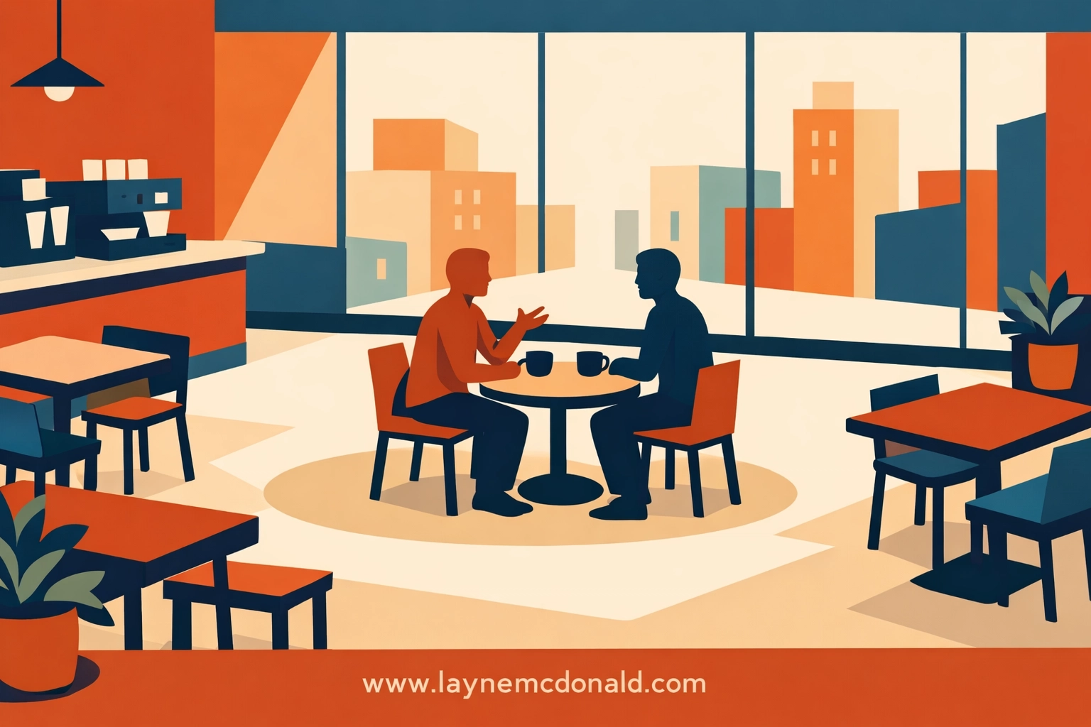 Modern coffee shop storytelling scene illustrating creative Christian podcast parable episodes