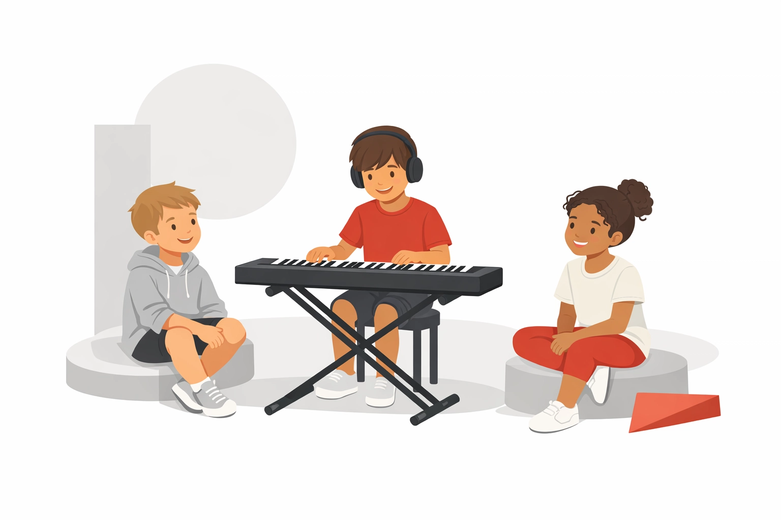 Child performing piano confidently with supportive peers in group lesson