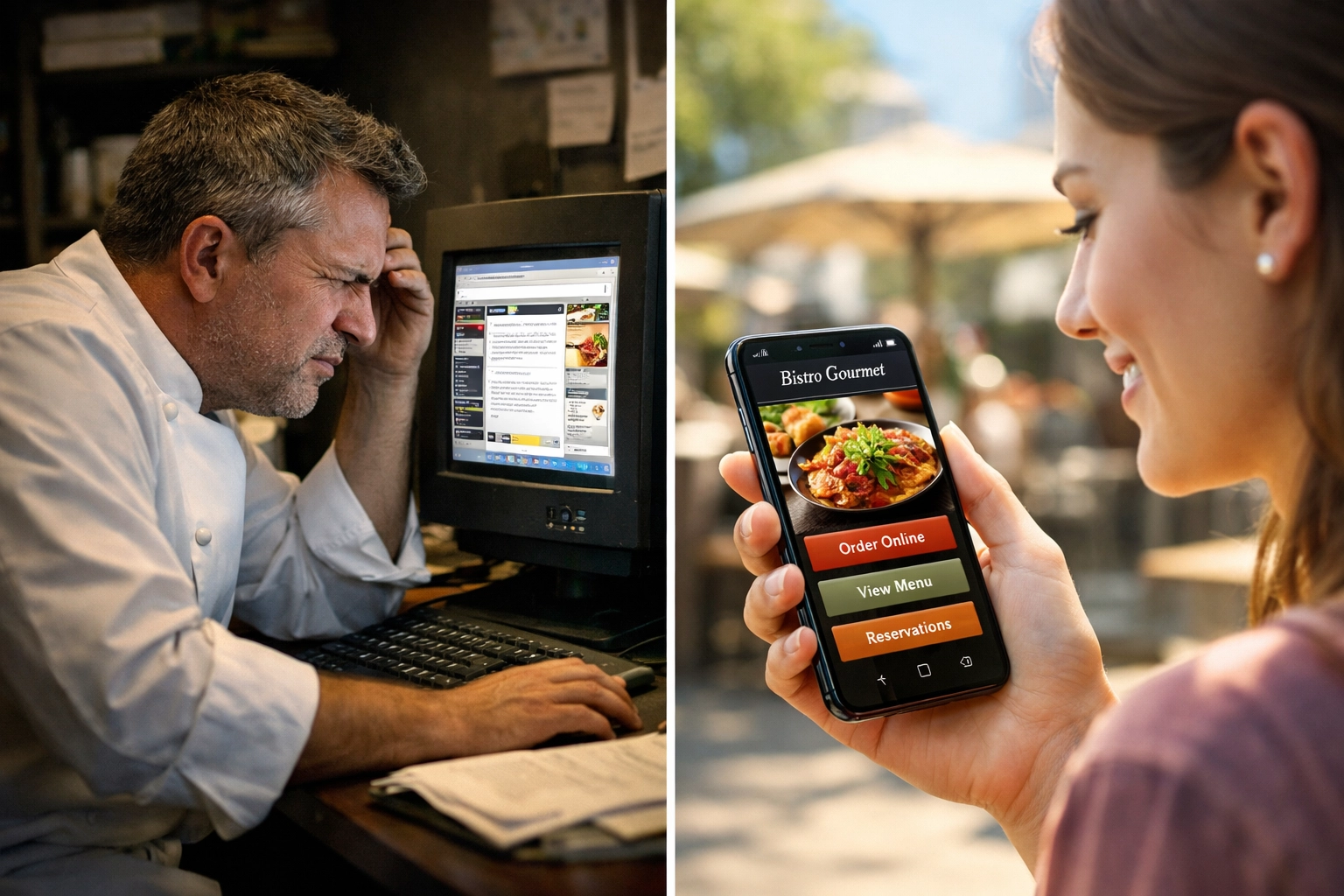 Restaurant owner viewing desktop website vs customer using mobile-friendly restaurant ordering app