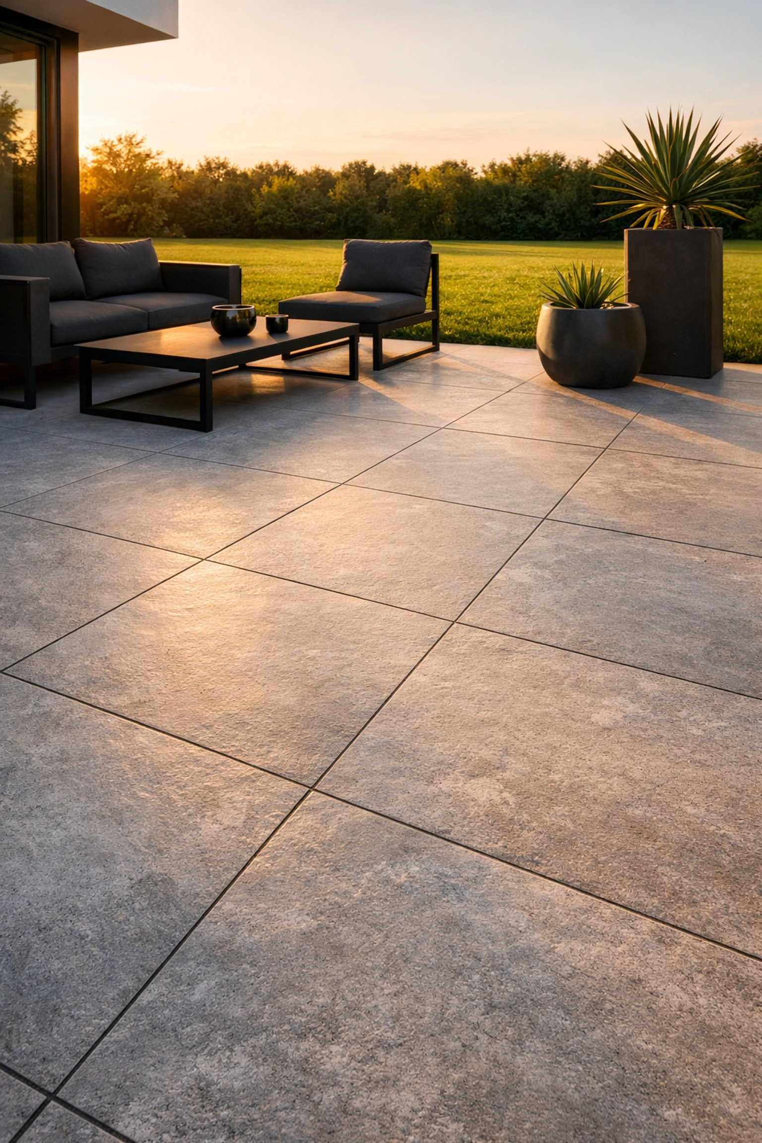 Modern porcelain patio tiles installed by JJPM Construction specialists in the Vale of Glamorgan.