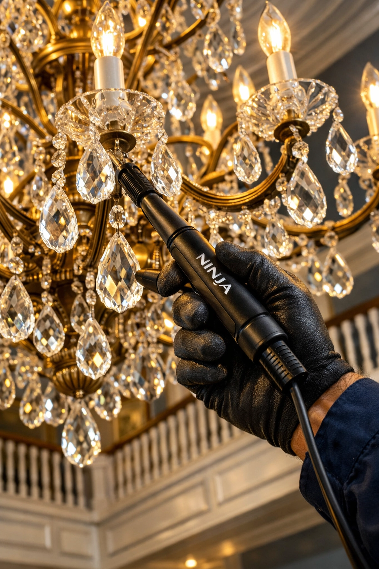 Detailed residential cleaning Massachusetts of a luxury crystal chandelier in a Dover estate foyer.