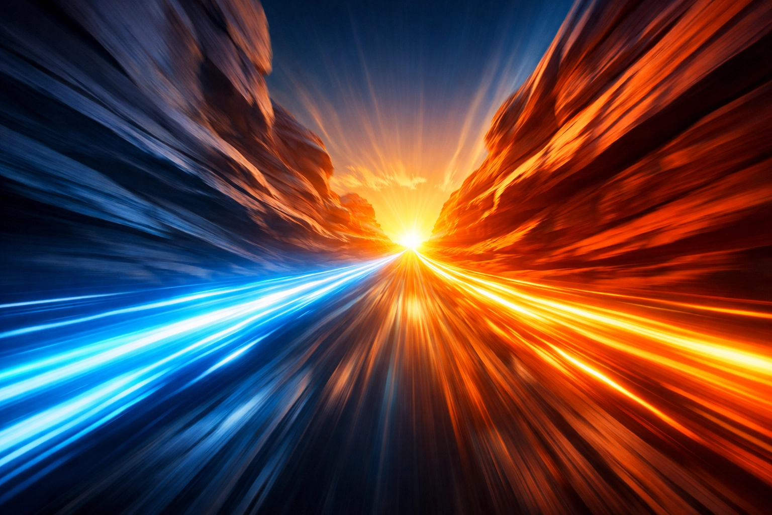 High-speed light streaks moving toward a digital sunrise representing rapid SEO ranking and cluster growth.