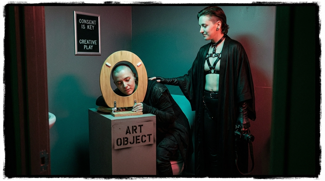 An edgy, artistic BDSM 'human toilet' roleplay setup in a moody bathroom—consent-forward, non-explicit, documentary-style.