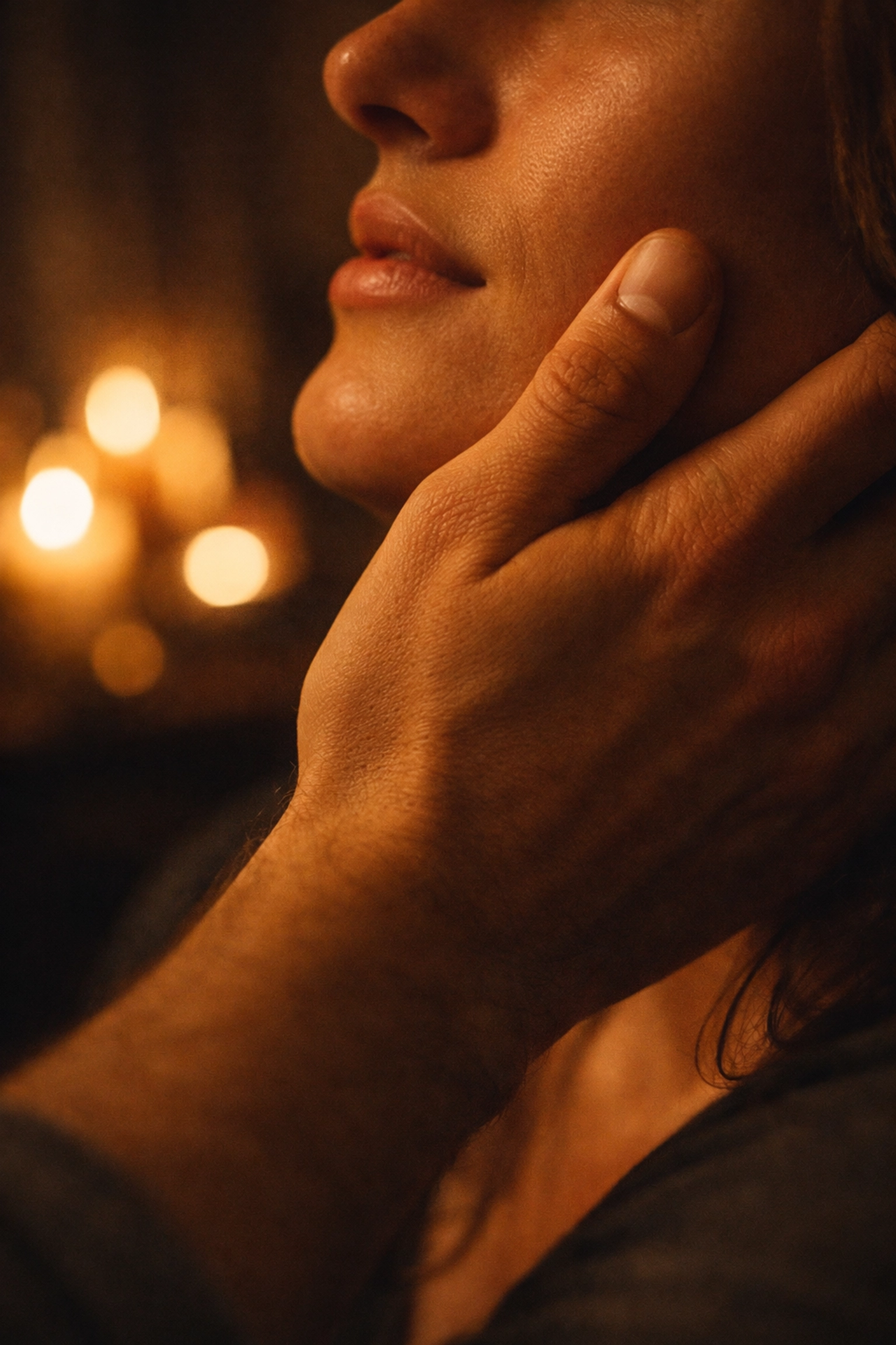 Tender hand placement on a partner's jawline during an intimate first kiss.