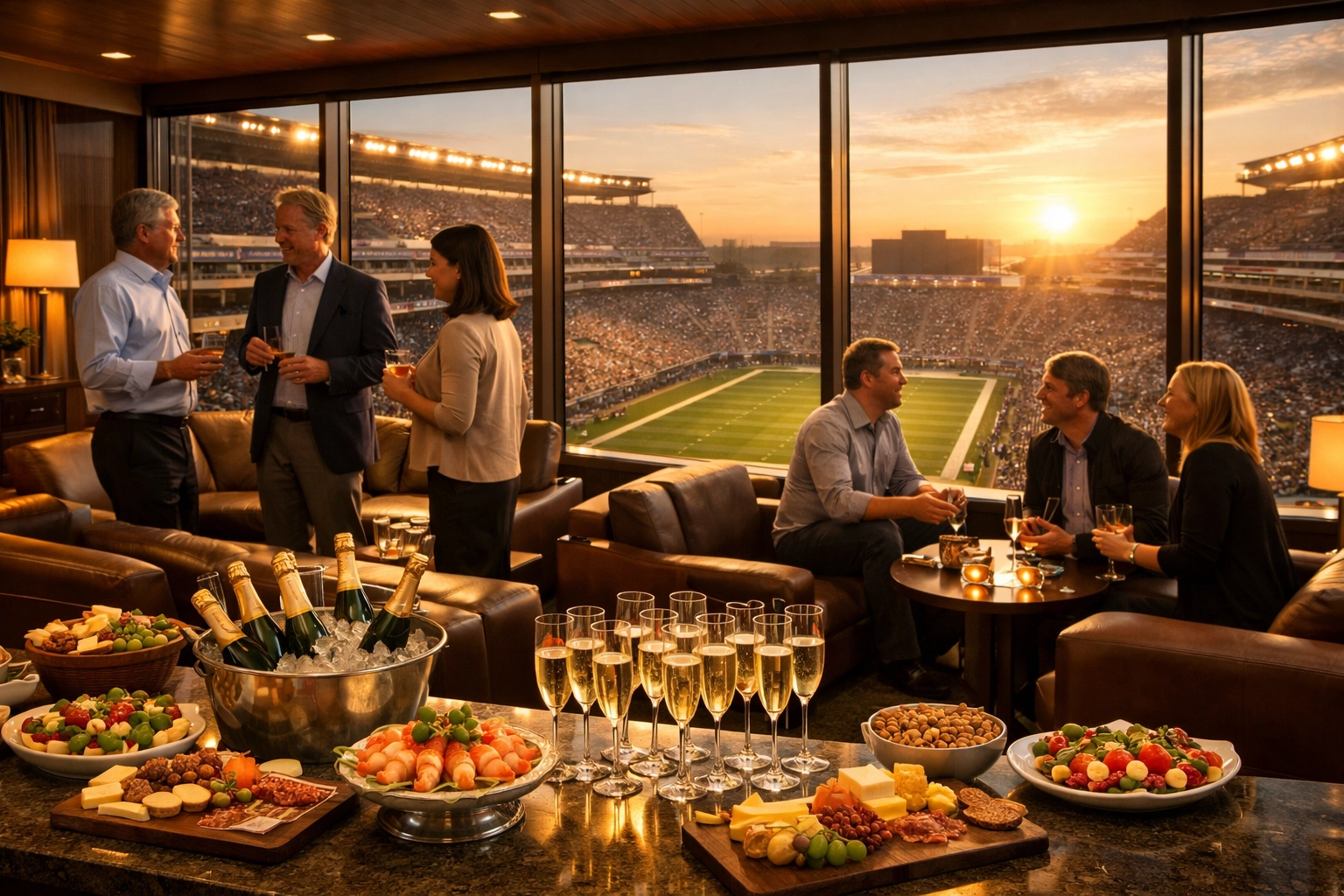 Luxury corporate suite with executives networking during Super Bowl VIP hospitality experience