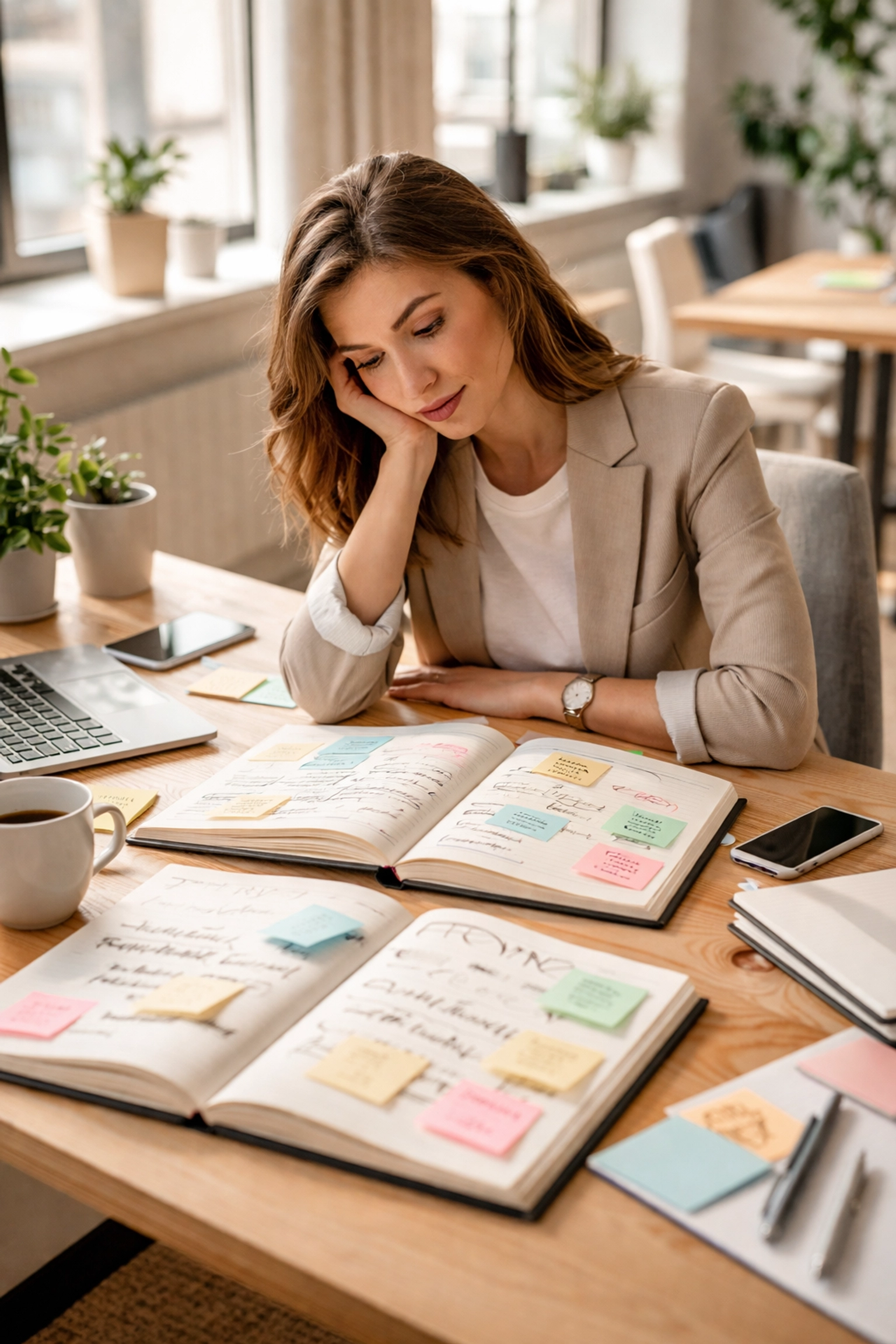 Young entrepreneur surrounded by colourful notes and mind maps, representing ideation paralysis in startups