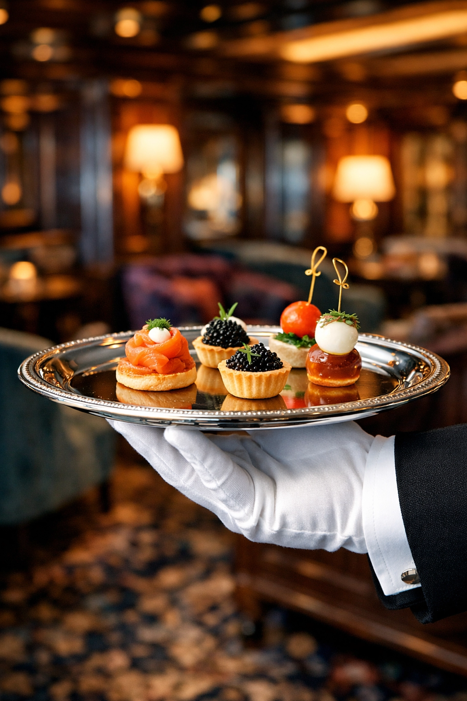 Personalized MSC Yacht Club butler service with a silver tray of gourmet snacks.