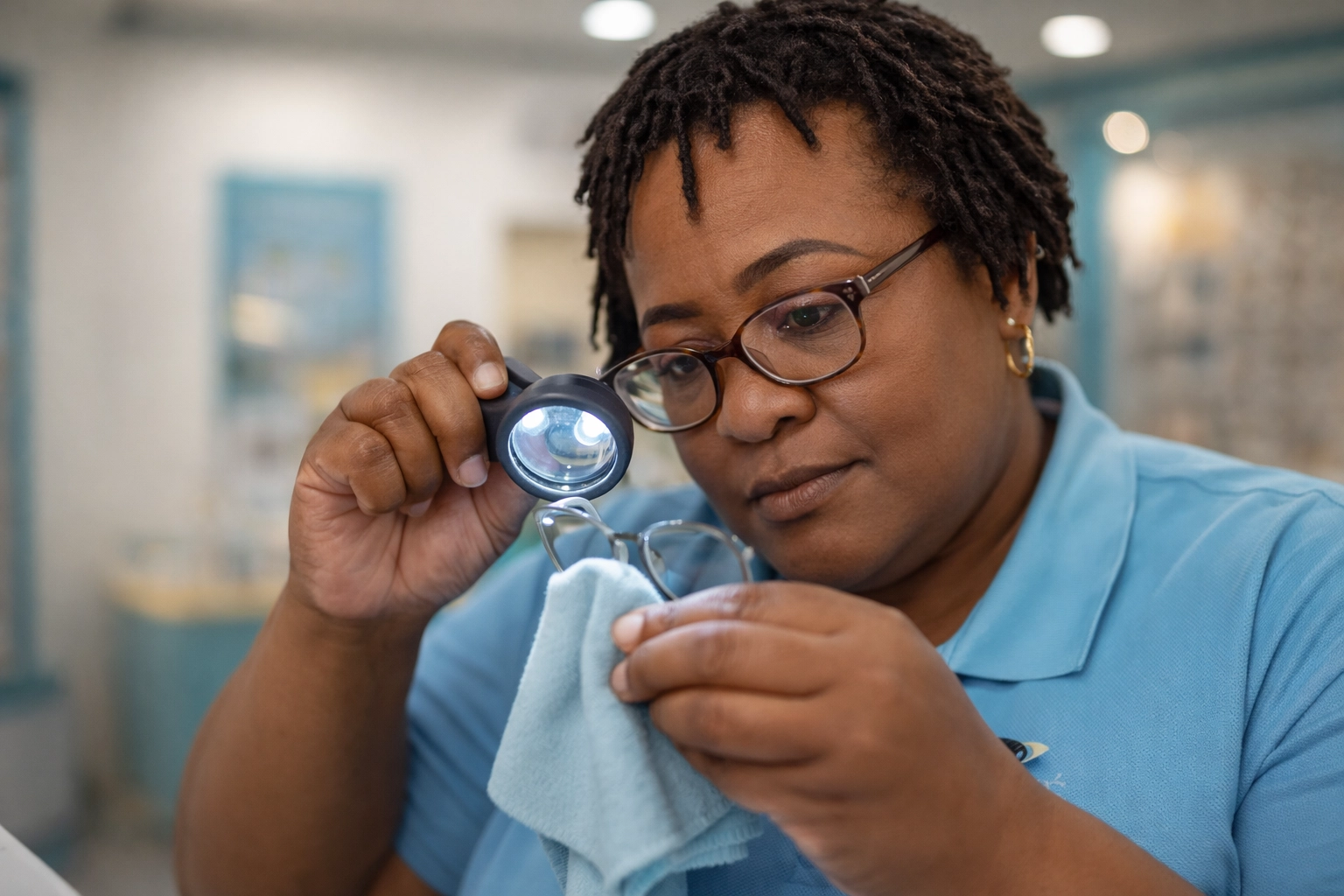 Cynthia at Bèl Zyé Eye Care inspecting and cleaning high-tech glasses lenses with microfiber cloth, glasses Saint Lucia and eye care