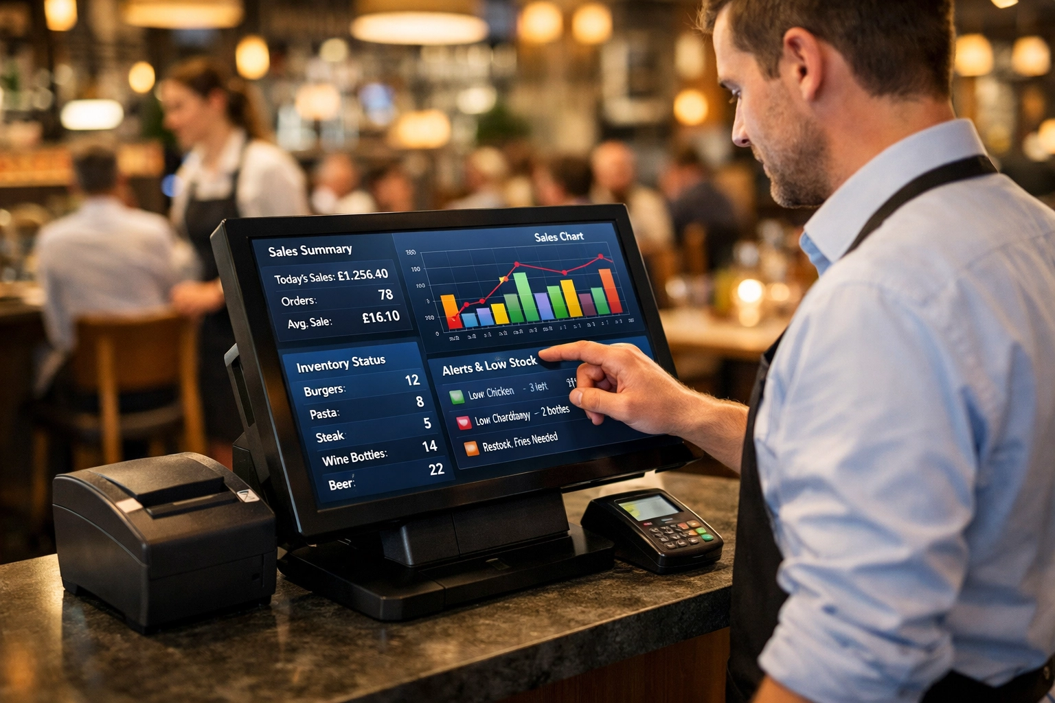 Restaurant manager reviewing Epos Now POS system dashboard with inventory and sales data