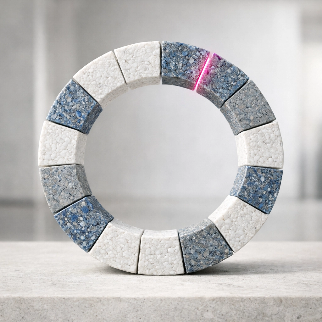 Geometric blocks arranged in a circle representing a closed loop circular economy for recycled plastic.