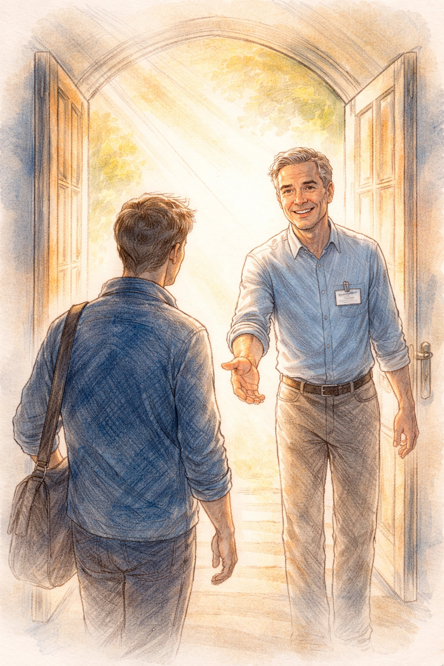 Church greeter welcoming a visitor at an open door, symbolizing Memphis church hospitality and care