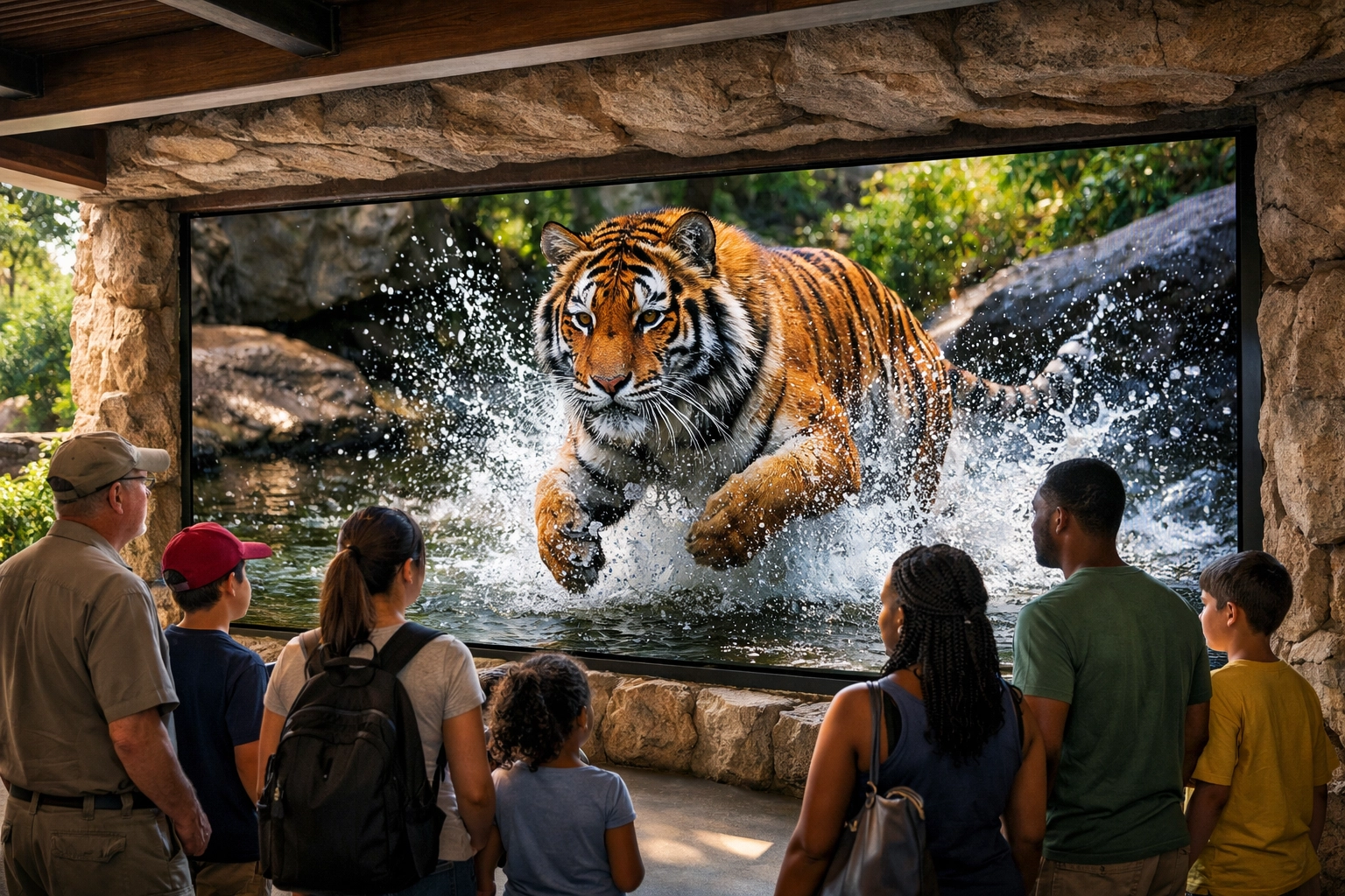 Interactive digital display in a zoo exhibit showing educational animal content for visitor engagement.