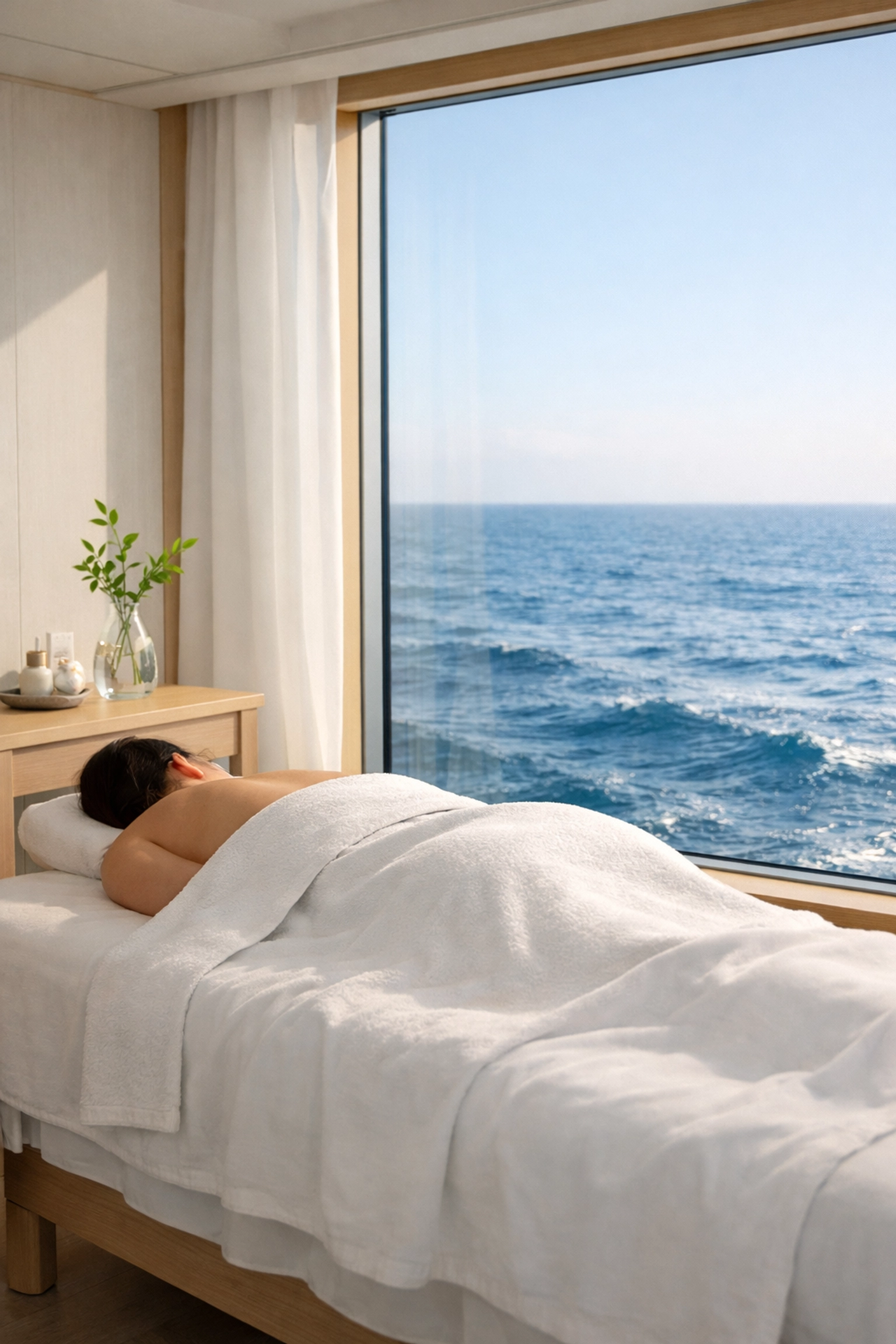 Serene floating spa on a luxury dive boat helping travelers relax after exploring reefs.