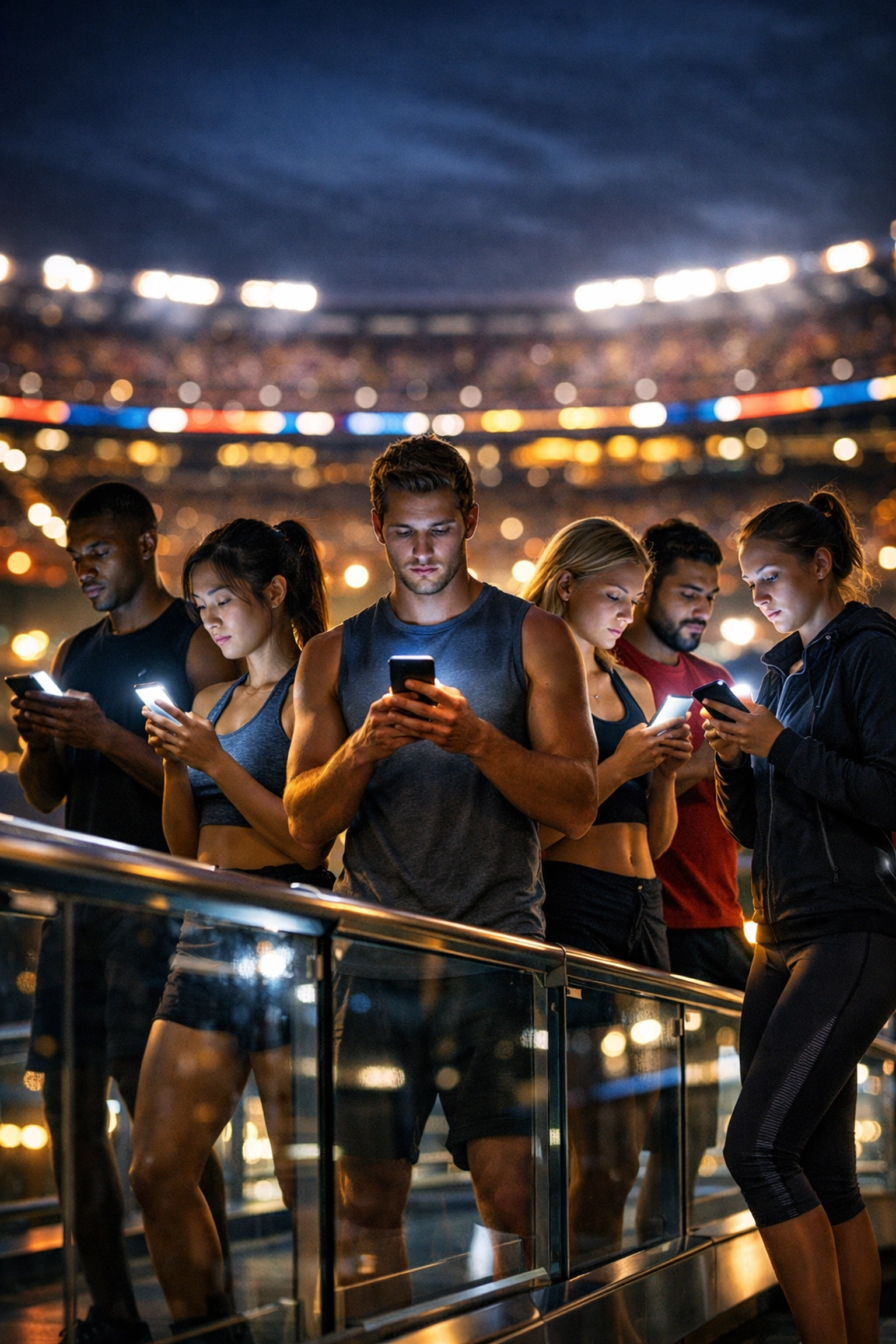 Diverse athletes using smartphones to represent a massive NIL digital network and Super Bowl marketing blitz