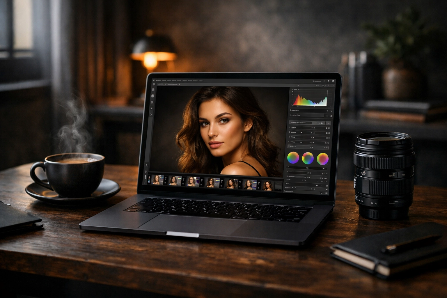 Creative workspace showing professional photo editing and post-processing portrait photography techniques on a laptop.