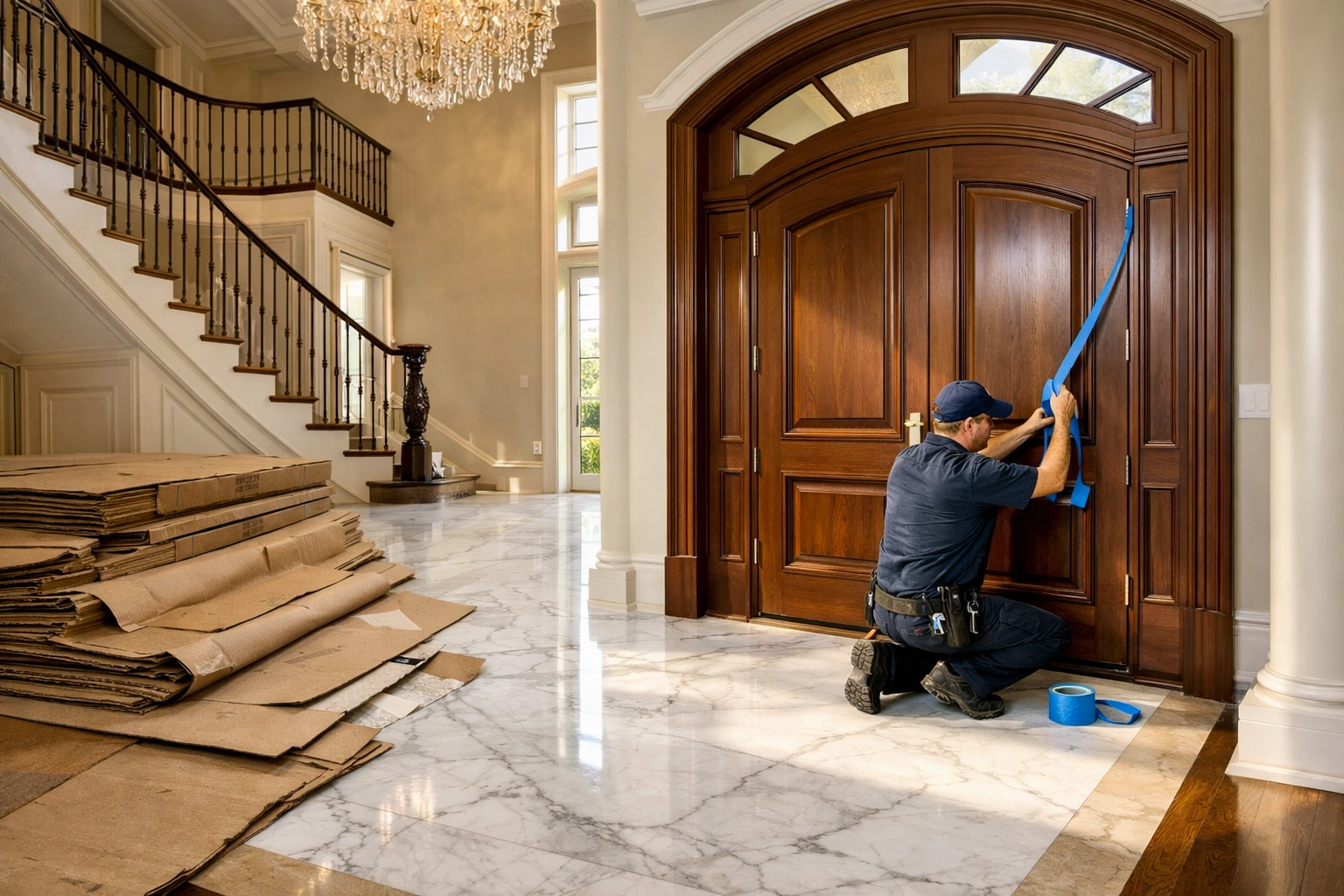 Professional cleaning technician revealing polished marble floors in a luxury Wellesley estate.