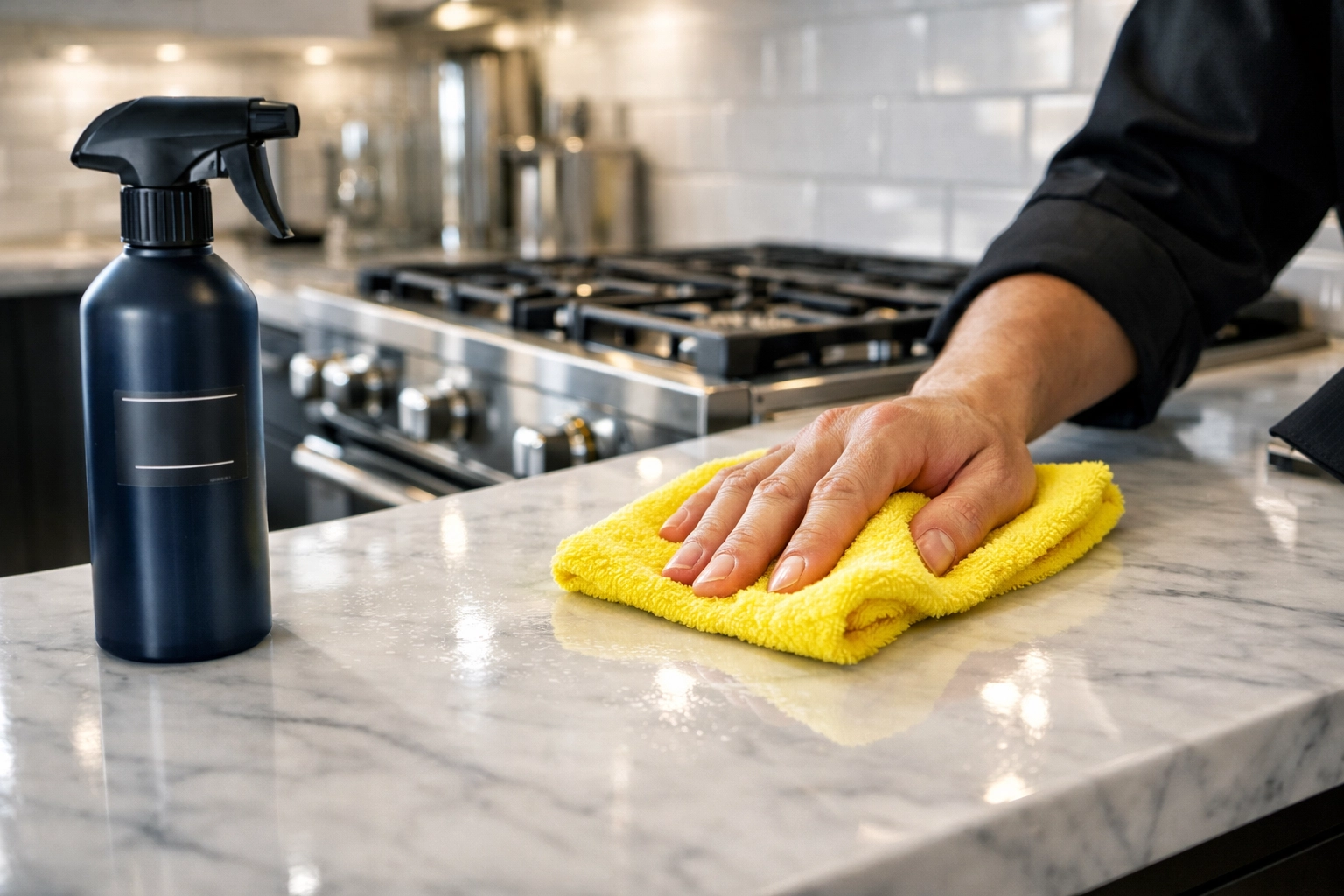 Professional deep cleaning Worcester services scrubbing a luxury kitchen marble countertop to a shine.