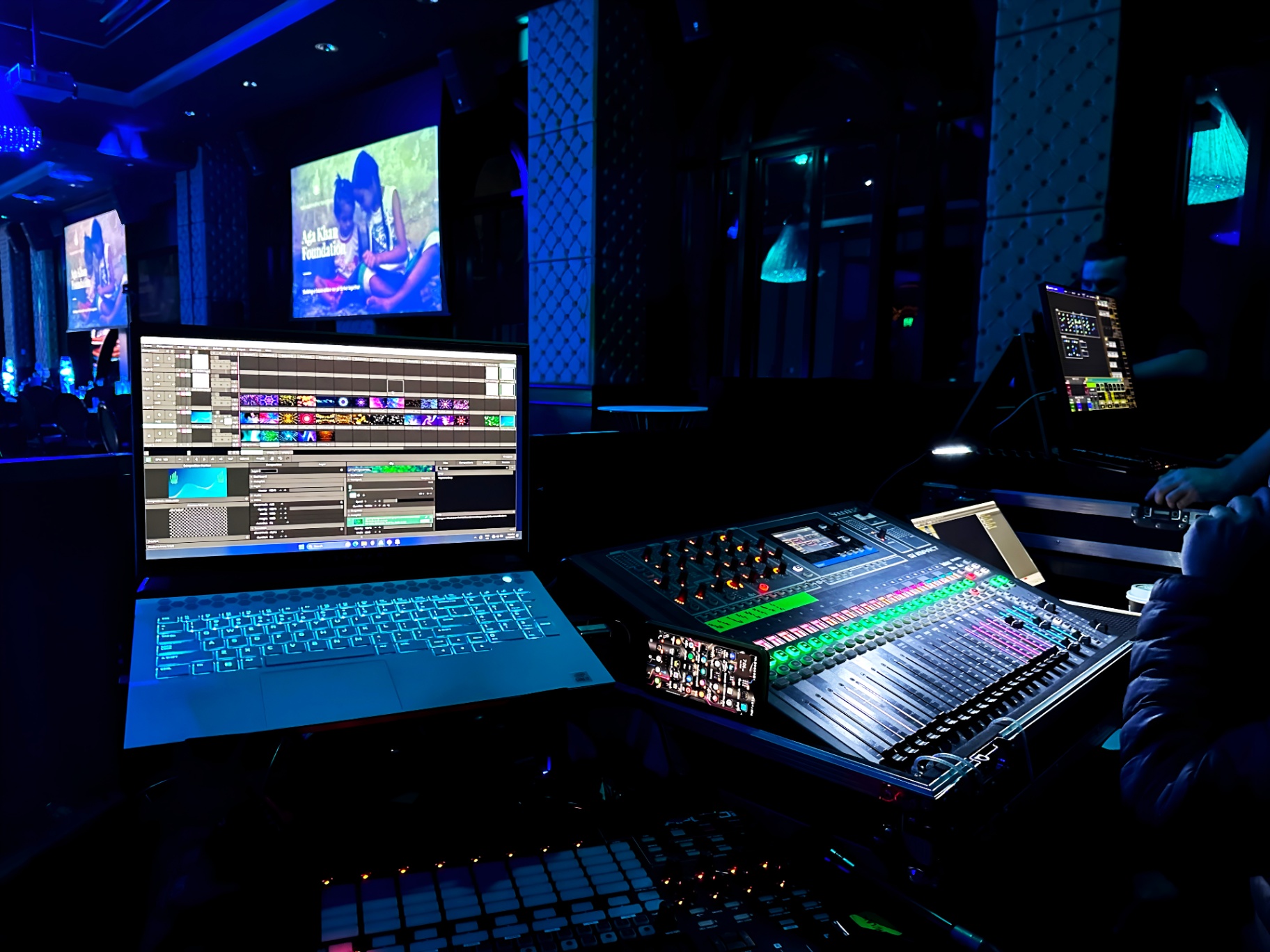 Audio visual production control station at live event