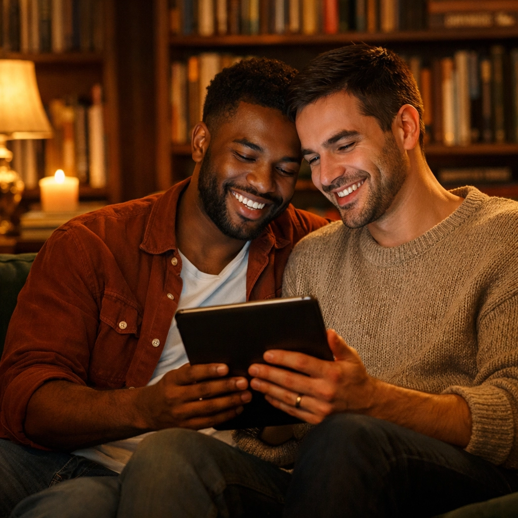 An intimate gay couple sharing a tablet and reading an LGBTQ+ romance story together in a cozy, warm setting.