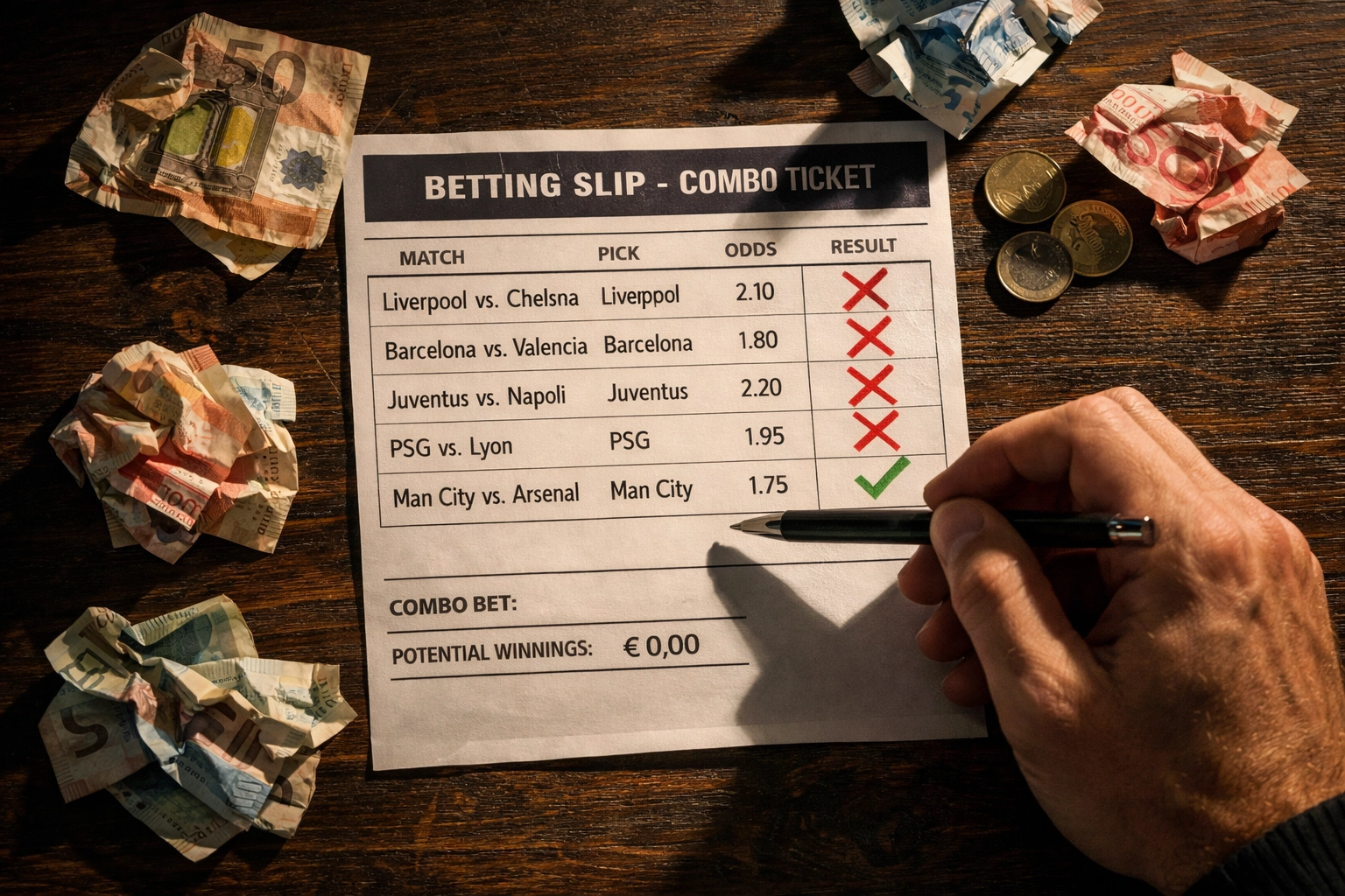 Wettschein mit durchgestrichenen Tipps zeigt Alles-oder-Nichts-Prinzip bei Kombiwetten