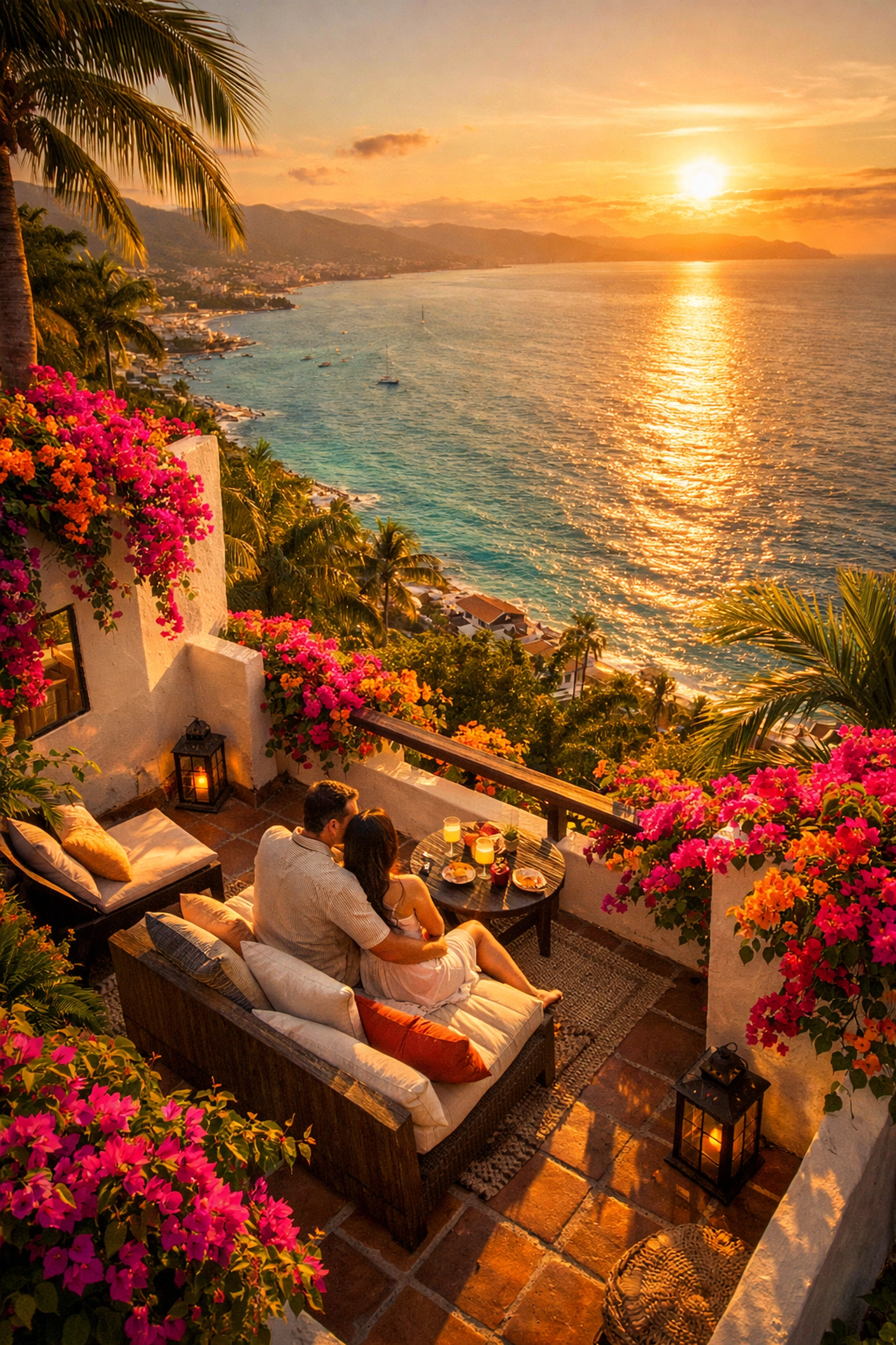 Couple on private terrace overlooking Banderas Bay in Amapas Puerto Vallarta vacation rental