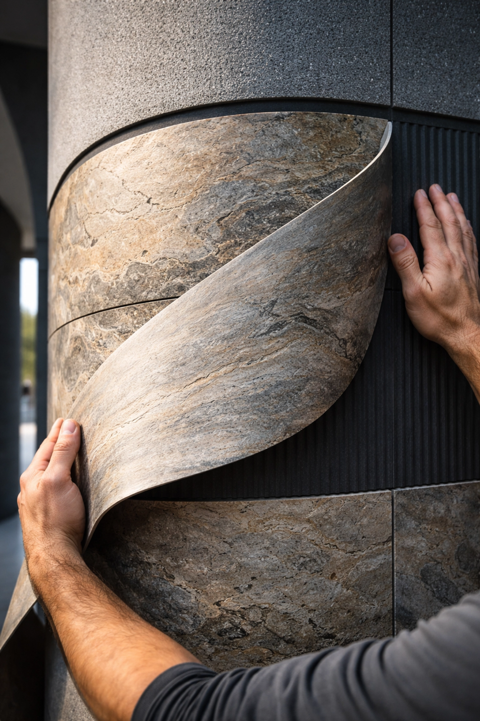 Close-up of flexible natural stone panel installation on curved exterior wall for spring upgrades
