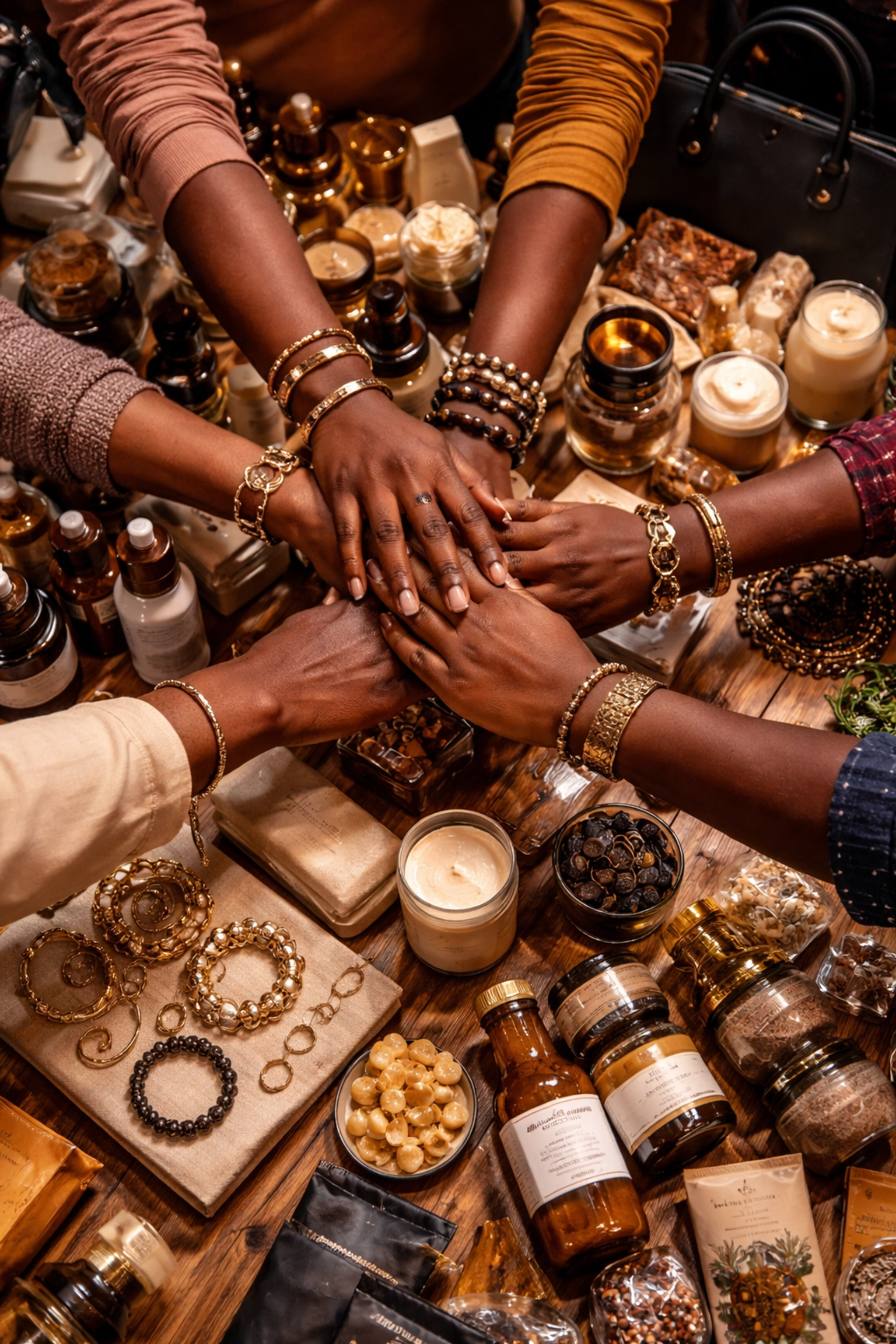 Black History Matters: How Pre-Slavery Greatness Fuels the Modern Black-Owned Business Movement Diverse Black hands unite over Black-owned products, symbolizing community, empowerment, and economic growth