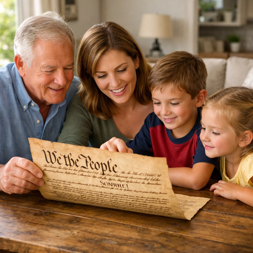 Multi-generational family studying the U.S. Constitution replica to learn about civic education.