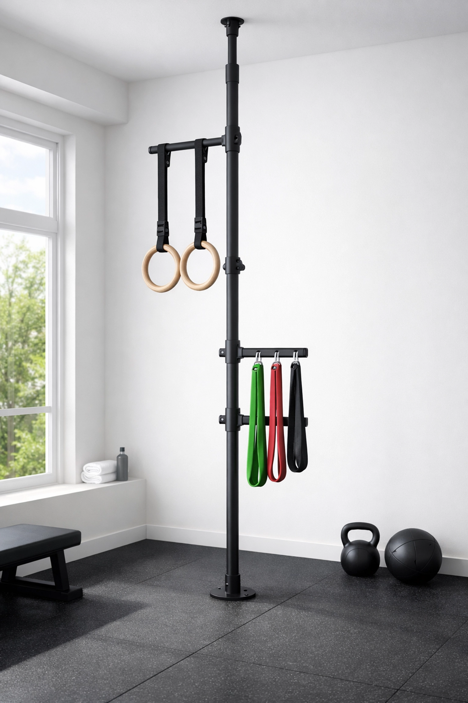 Floor to ceiling gym system with rings and resistance bands in modern home workout space