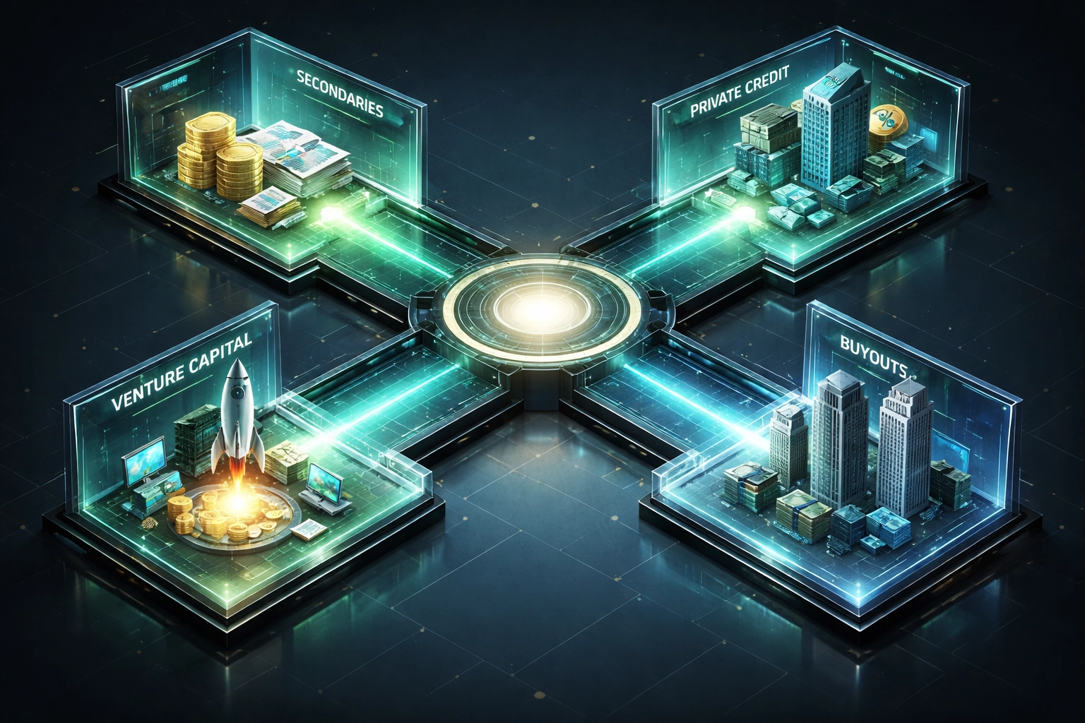 Illustration of private equity strategies branching from a central hub, representing diversification options for investors