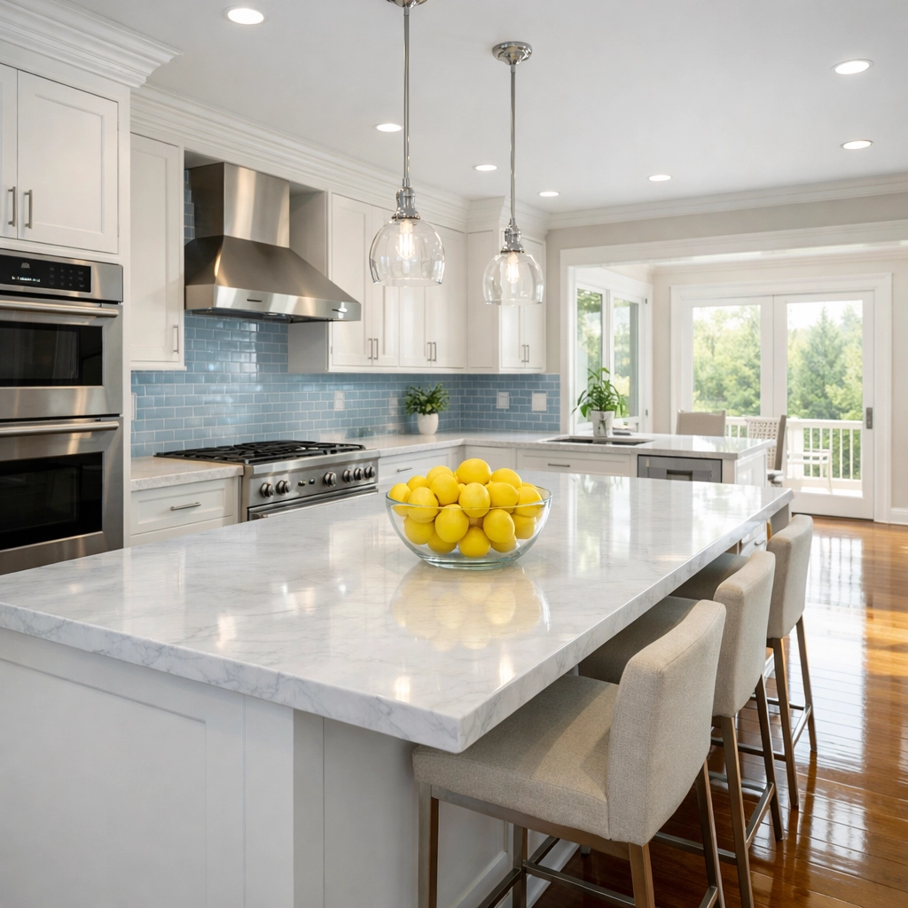 Spotless modern kitchen with white marble counters after professional house cleaning in Boxborough, MA.