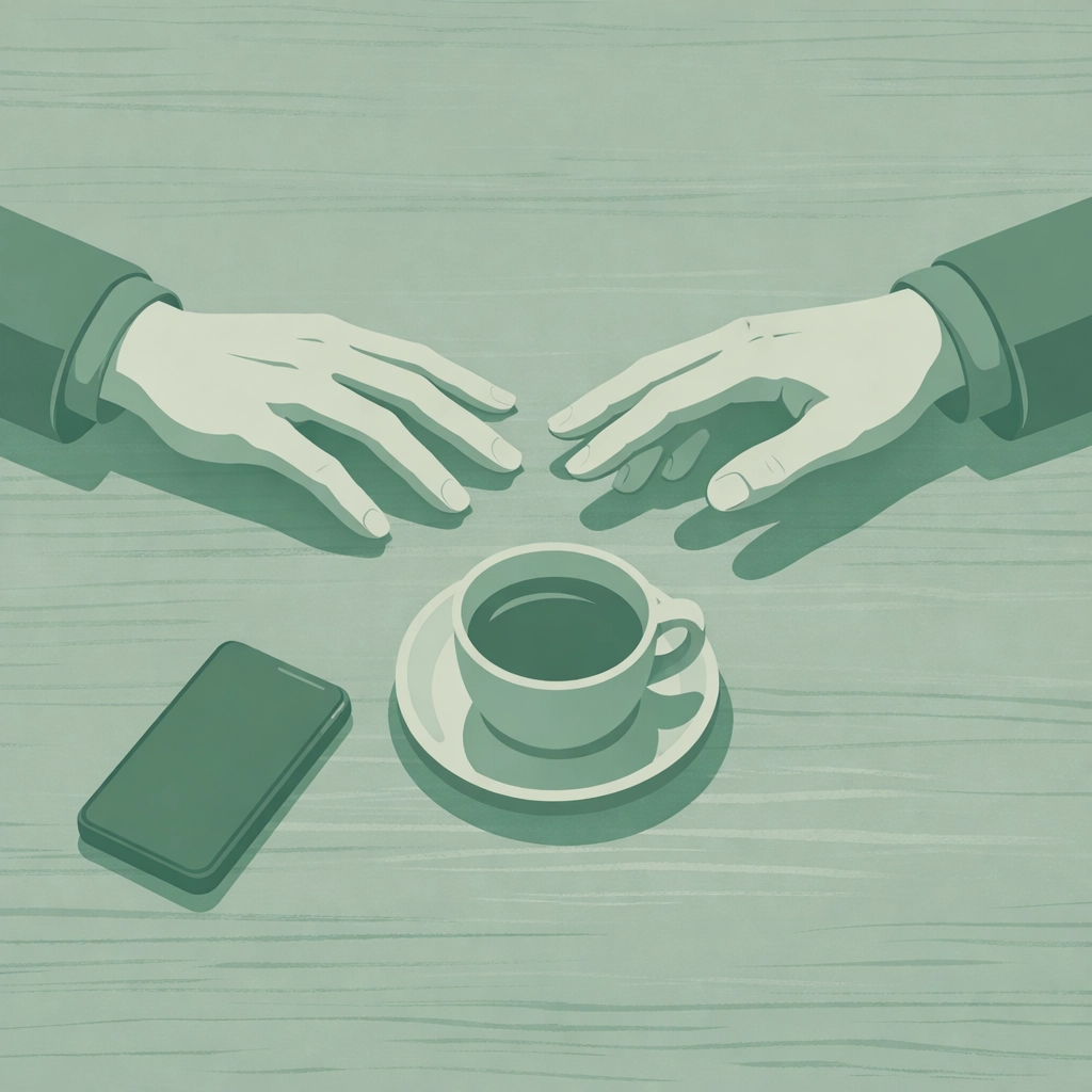 Gay love story moment: two men's hands reaching across café table