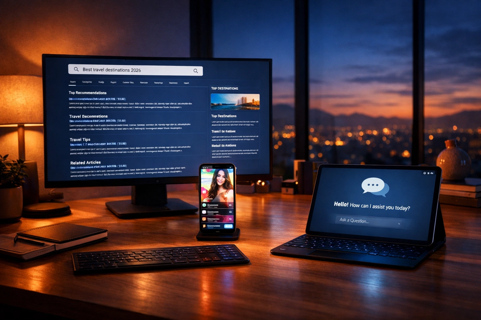 Multi-channel content marketing display on a desk, showing search results, social media, and AI chatbot interfaces.