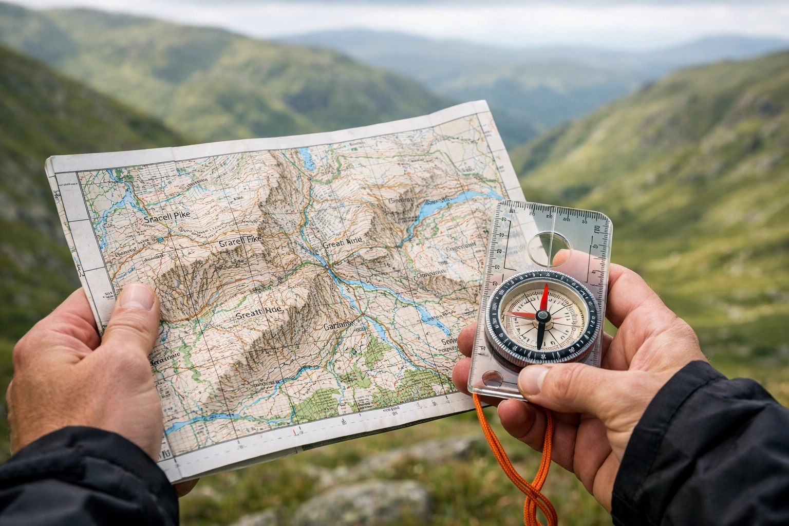 Hiker hands holding a topographic map and compass while navigating the UK wilderness on a camping adventure.
