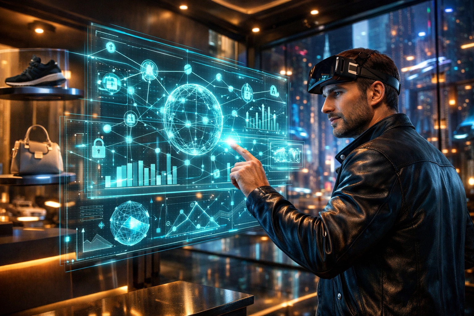 Digital merchant using an AI-powered crypto POS dashboard in a futuristic metaverse retail storefront