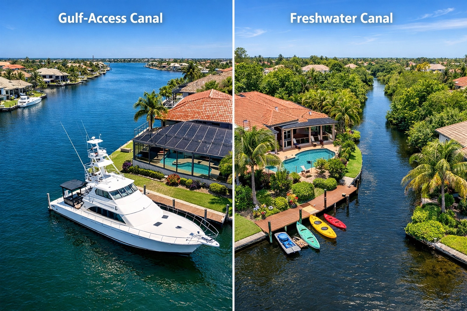 Comparison of Cape Coral gulf access and freshwater canal homes with different waterfront features