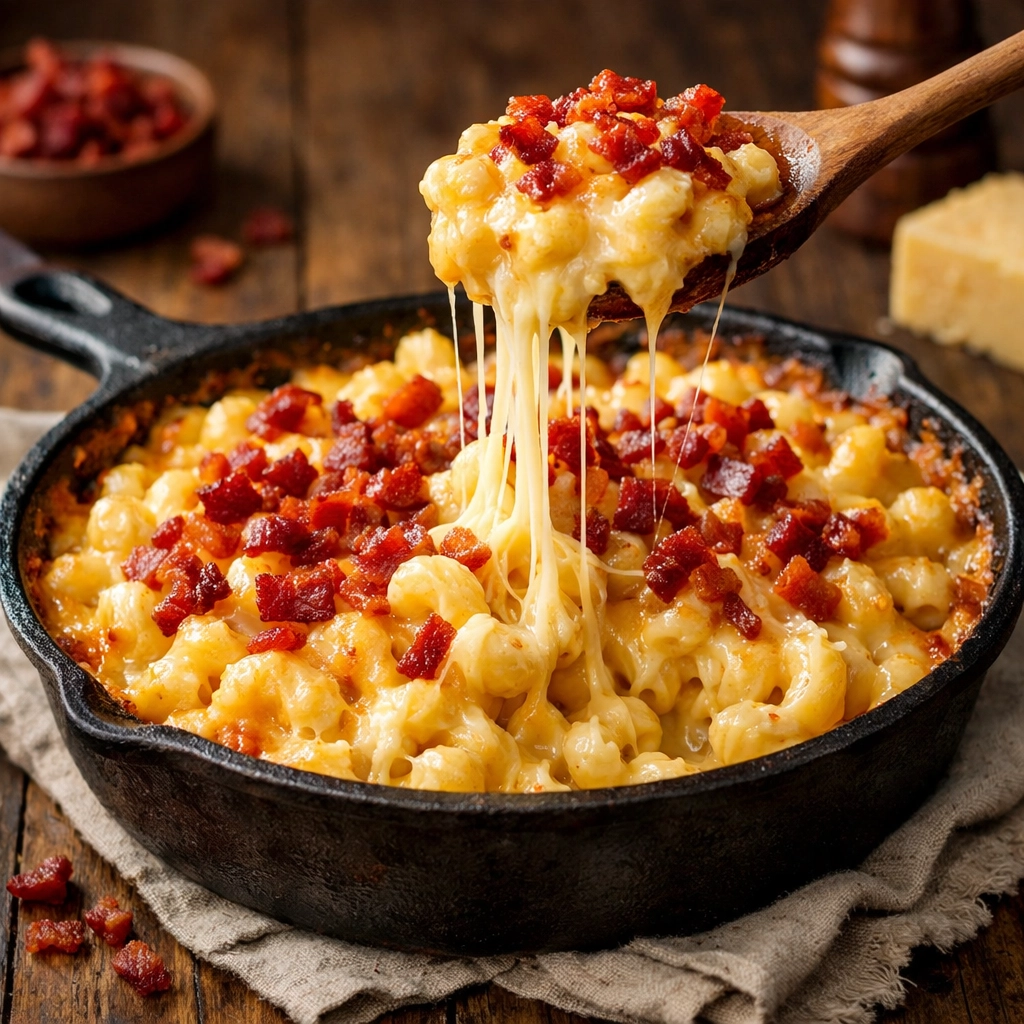 15 Cheap Dinners Under $10 Cheesy homemade macaroni and cheese topped with crispy bacon bits in a skillet, a budget-friendly comfort meal.