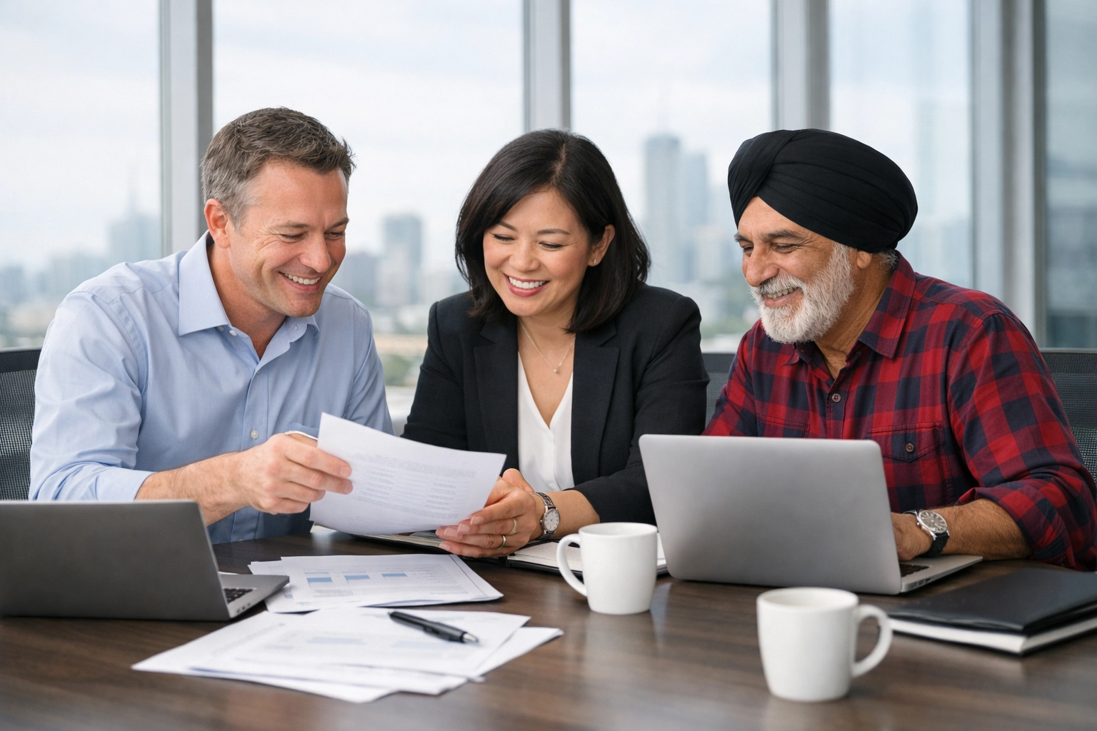 Canadian entrepreneurs collaborating on business funding strategy and loan decisions