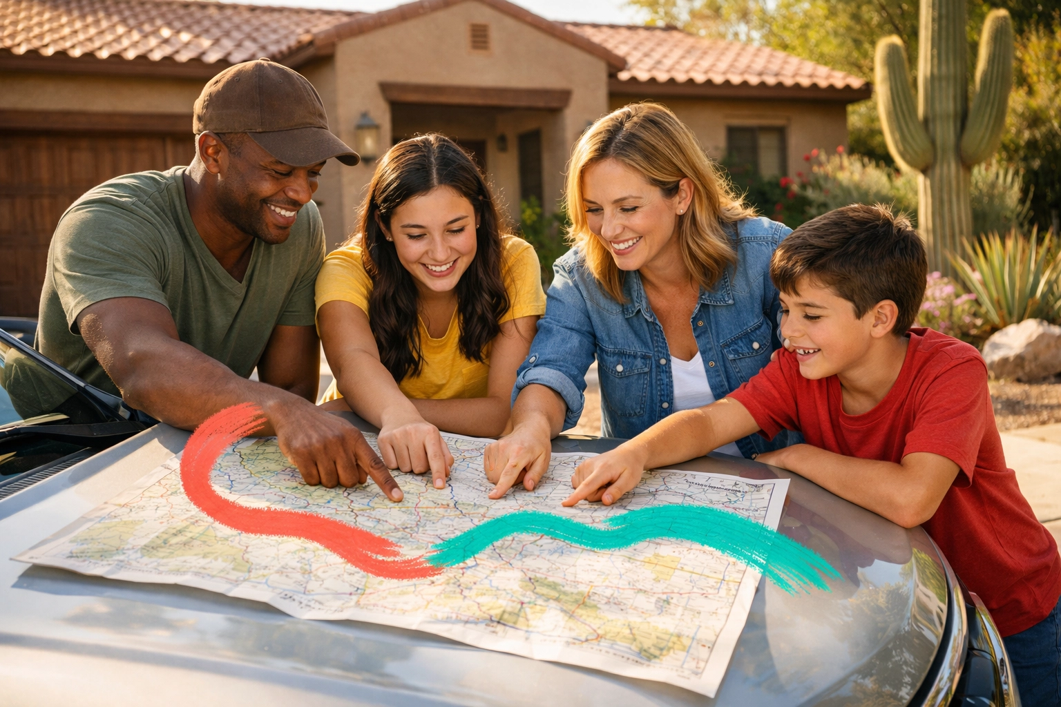 Family planning daily commute routes on map in driveway of Arizona home before buying