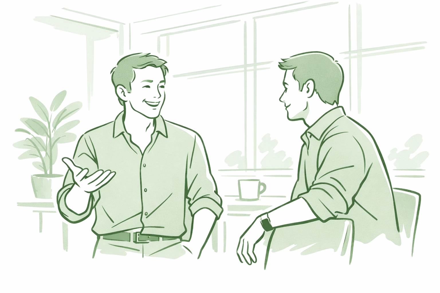 Two gay men having authentic conversation in office showing workplace psychological safety