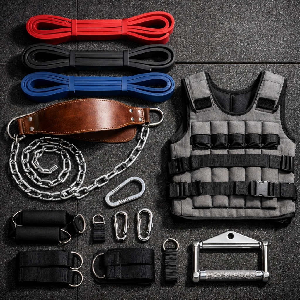 Resistance bands, dip belt, and weighted vest for calisthenics progressive overload
