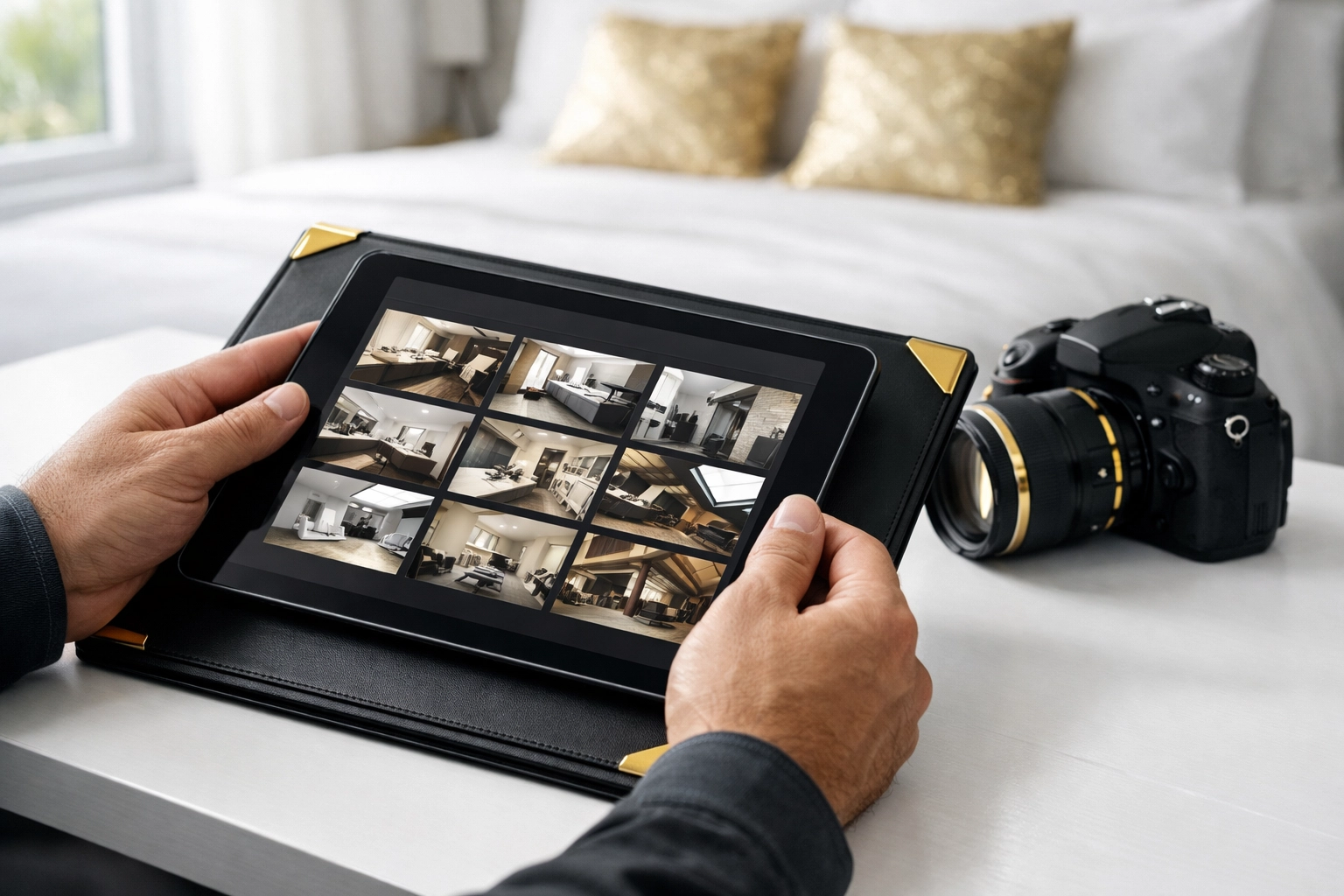 Property inspector using digital tablet for inventory report in a well-maintained bedroom, illustrating professional check-in process.