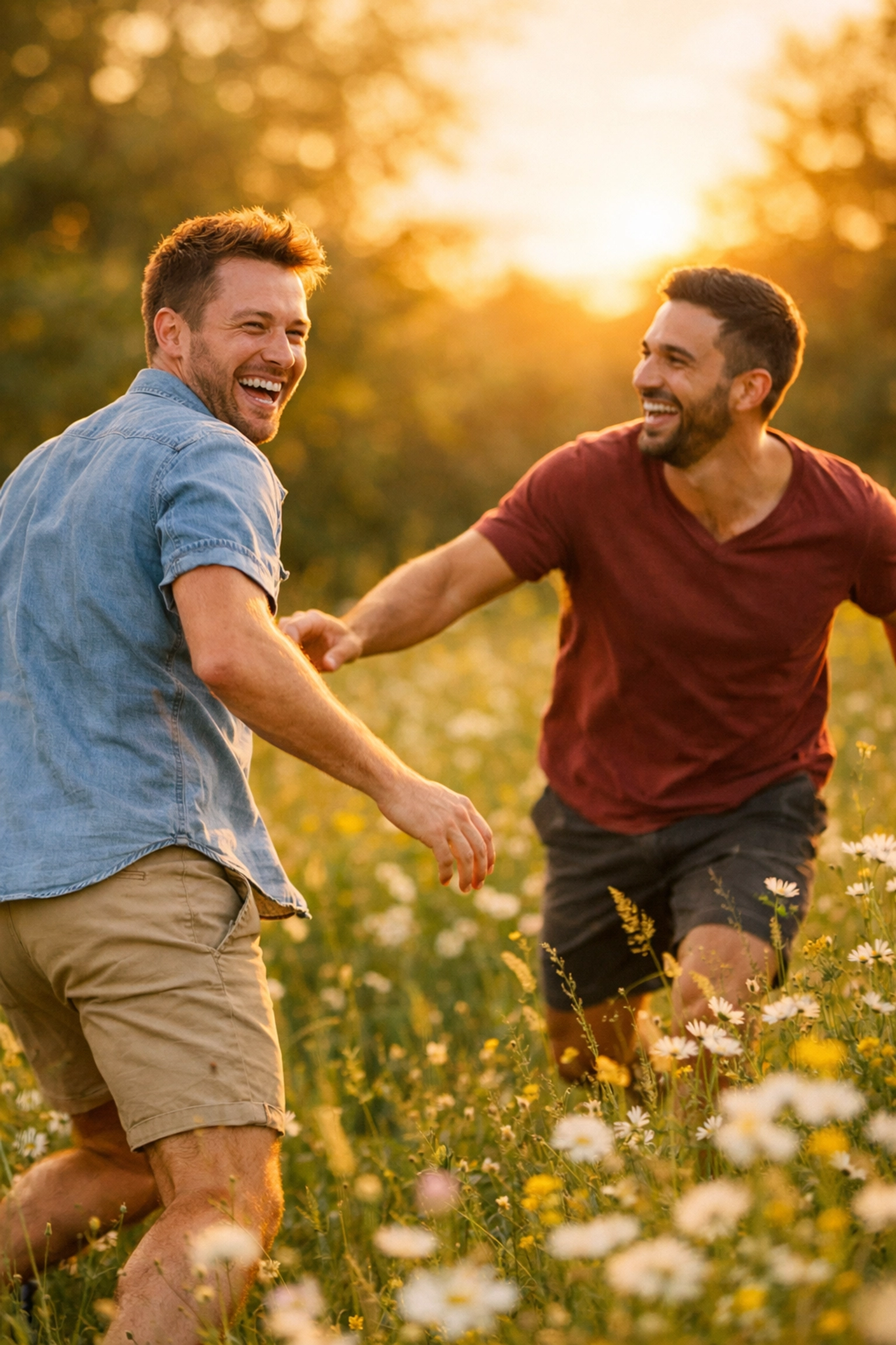 Two men running through a sunset meadow, symbolizing health, love, and freedom from daily HIV medication.