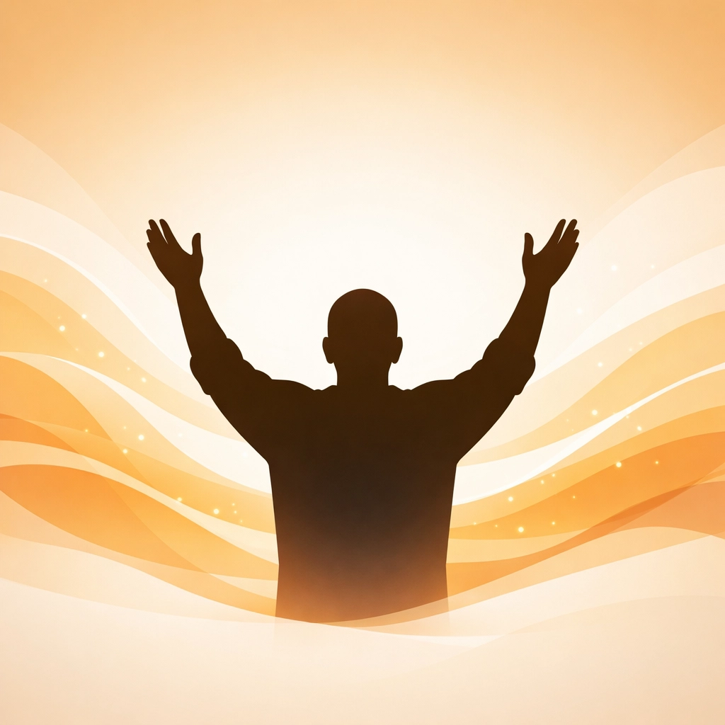 Silhouette worshiping with raised hands surrounded by light and peaceful silence