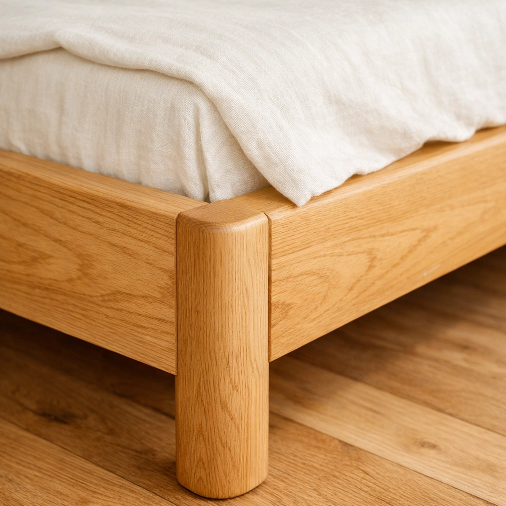 Solid wood bed frame with natural finish showing non-toxic furniture craftsmanship