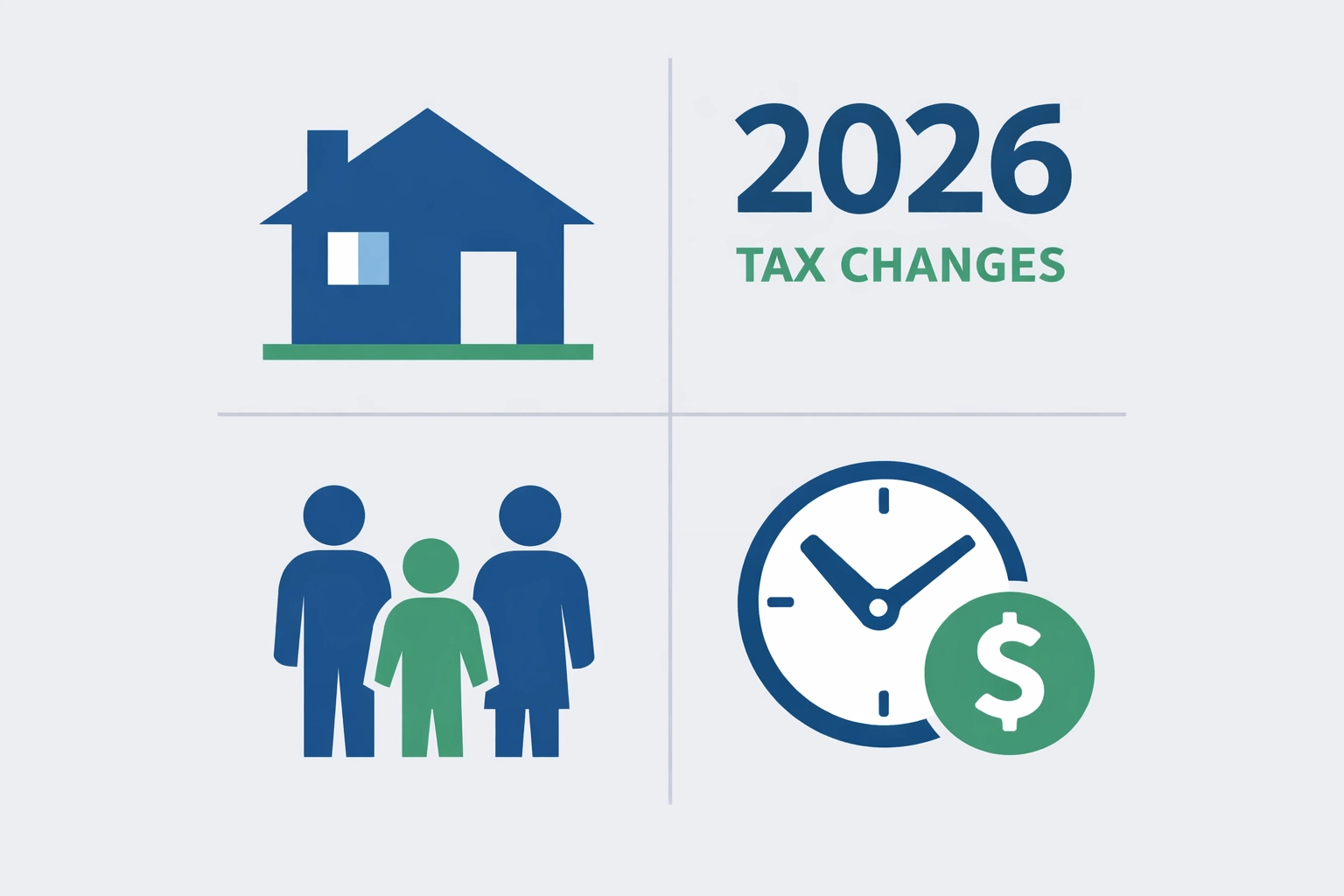 Icons showing 2026 tax changes like child credits and SALT deductions to maximize your tax refund.